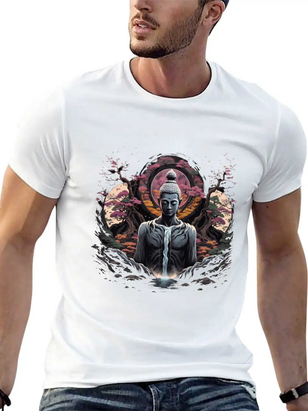 Buddha's Serenity: Cherry Blossom Waterfall Classic Cotton Tee – Unisex Comfort For Any Season
