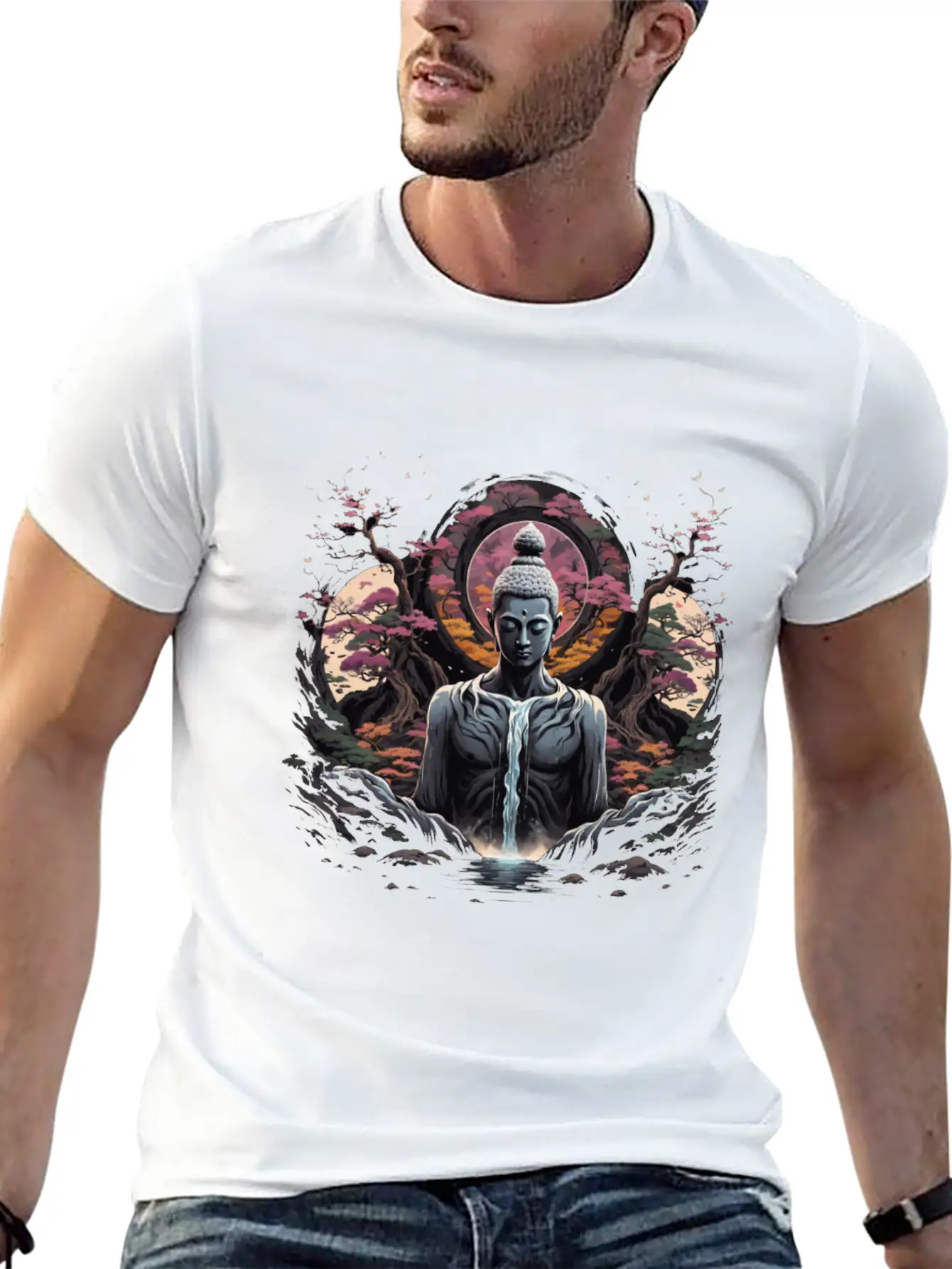 Buddha's Serenity: Cherry Blossom Waterfall Classic Cotton Tee – Unisex Comfort For Any Season
