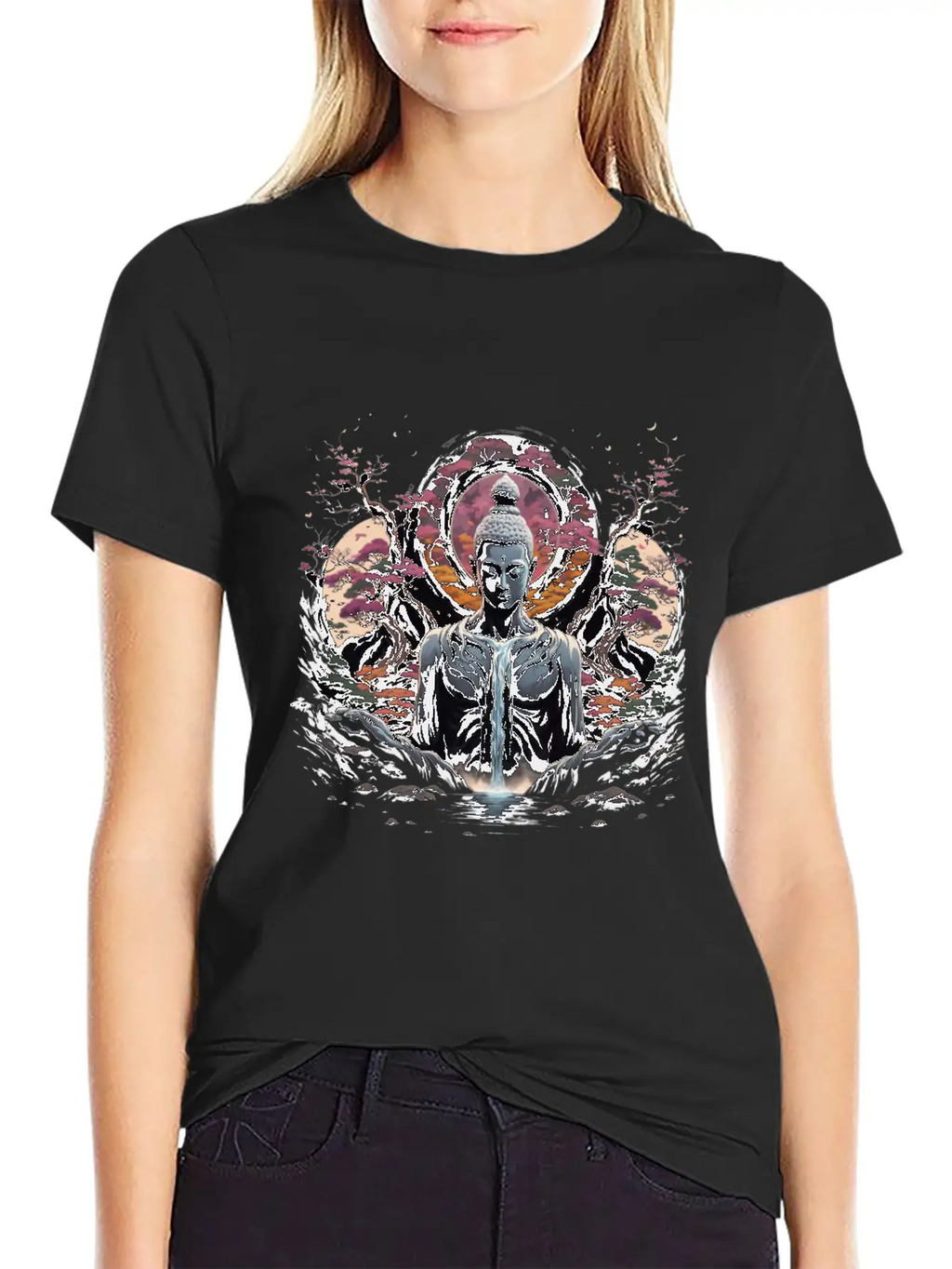 Buddha's Serenity: Cherry Blossom Waterfall Classic Cotton Tee – Unisex Comfort For Any Season