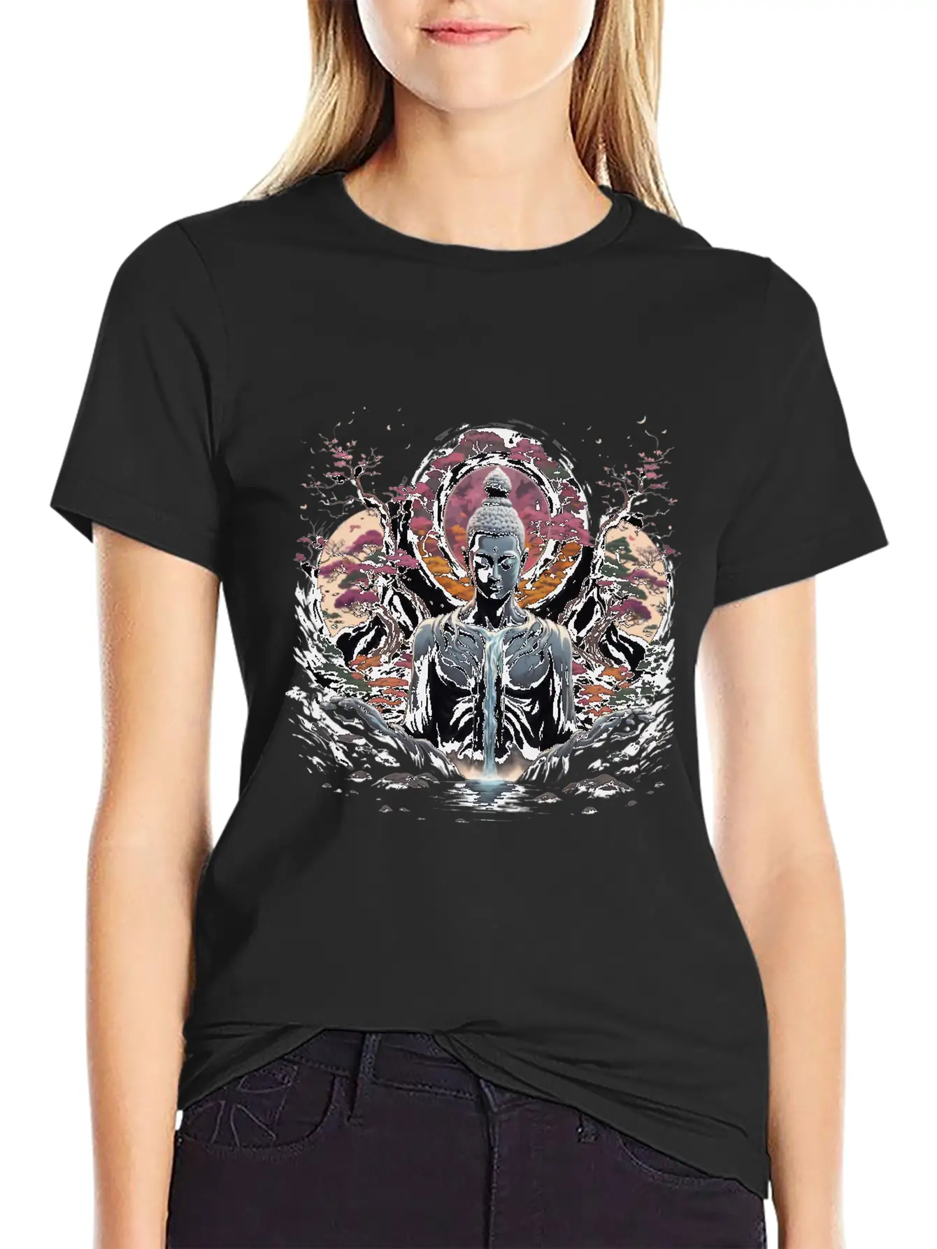 Buddha's Serenity: Cherry Blossom Waterfall Classic Cotton Tee – Unisex Comfort For Any Season