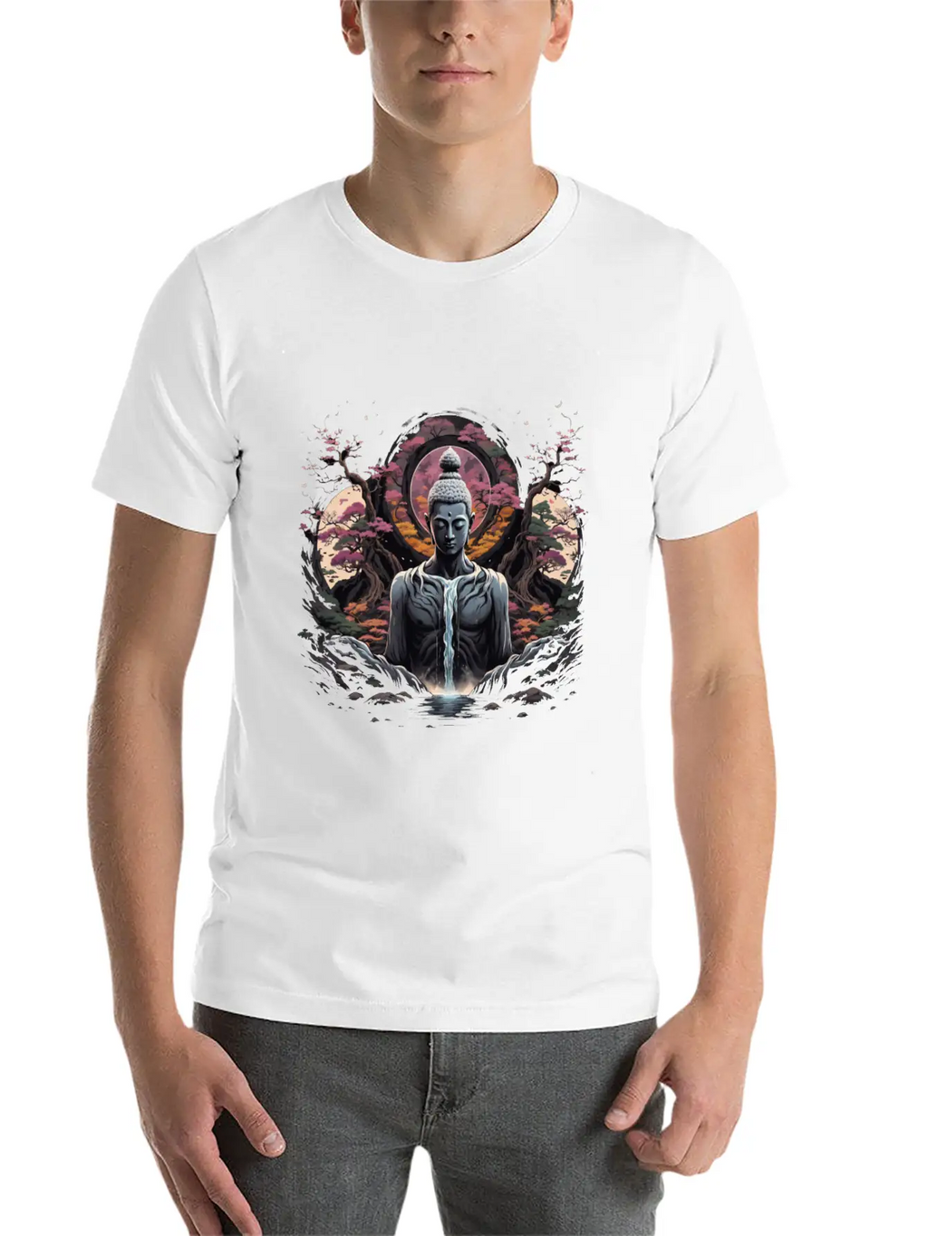 Buddha's Serenity: Cherry Blossom Waterfall Classic Cotton Tee – Unisex Comfort For Any Season