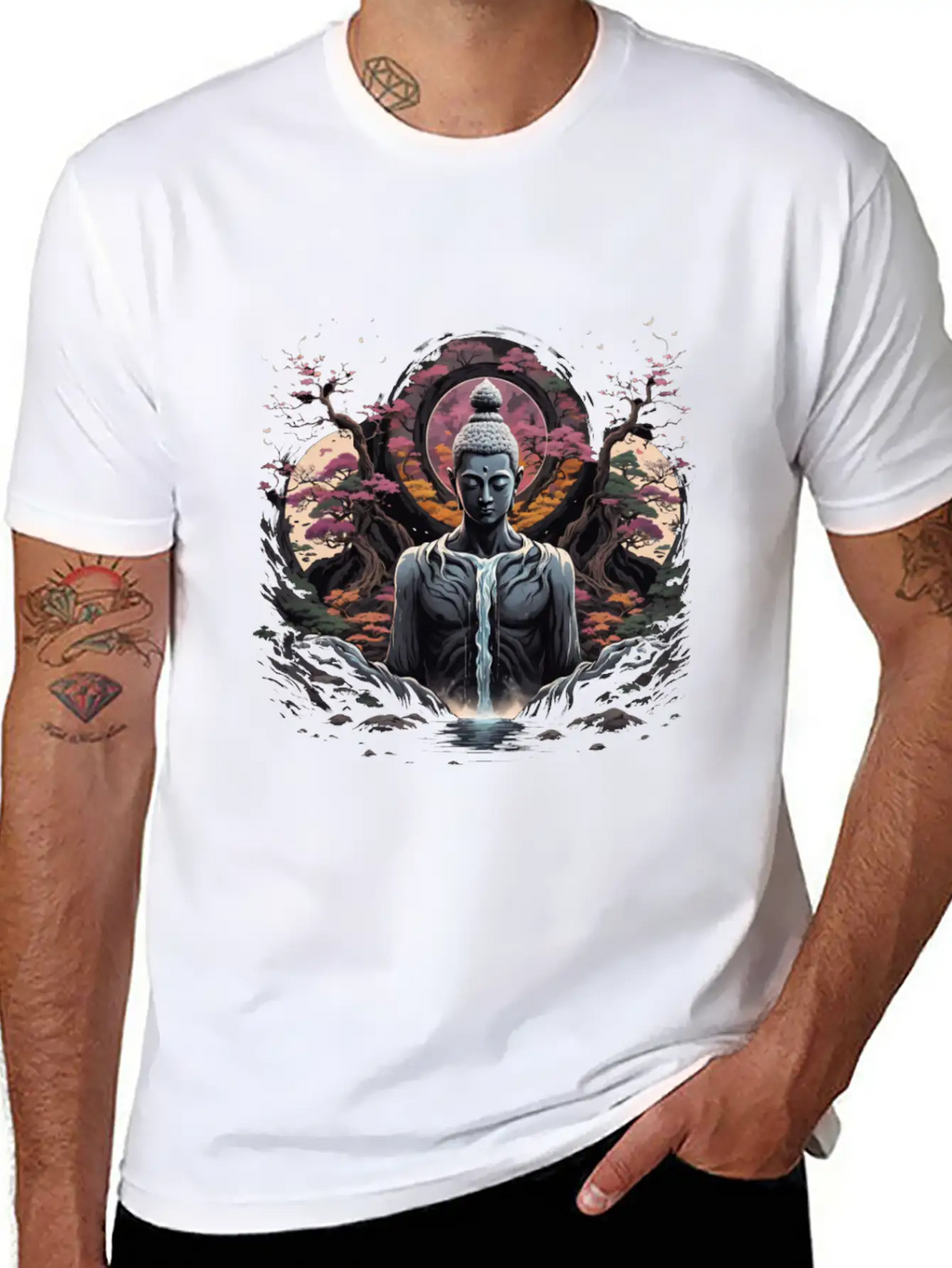 Buddha's Serenity: Cherry Blossom Waterfall Classic Cotton Tee – Unisex Comfort For Any Season