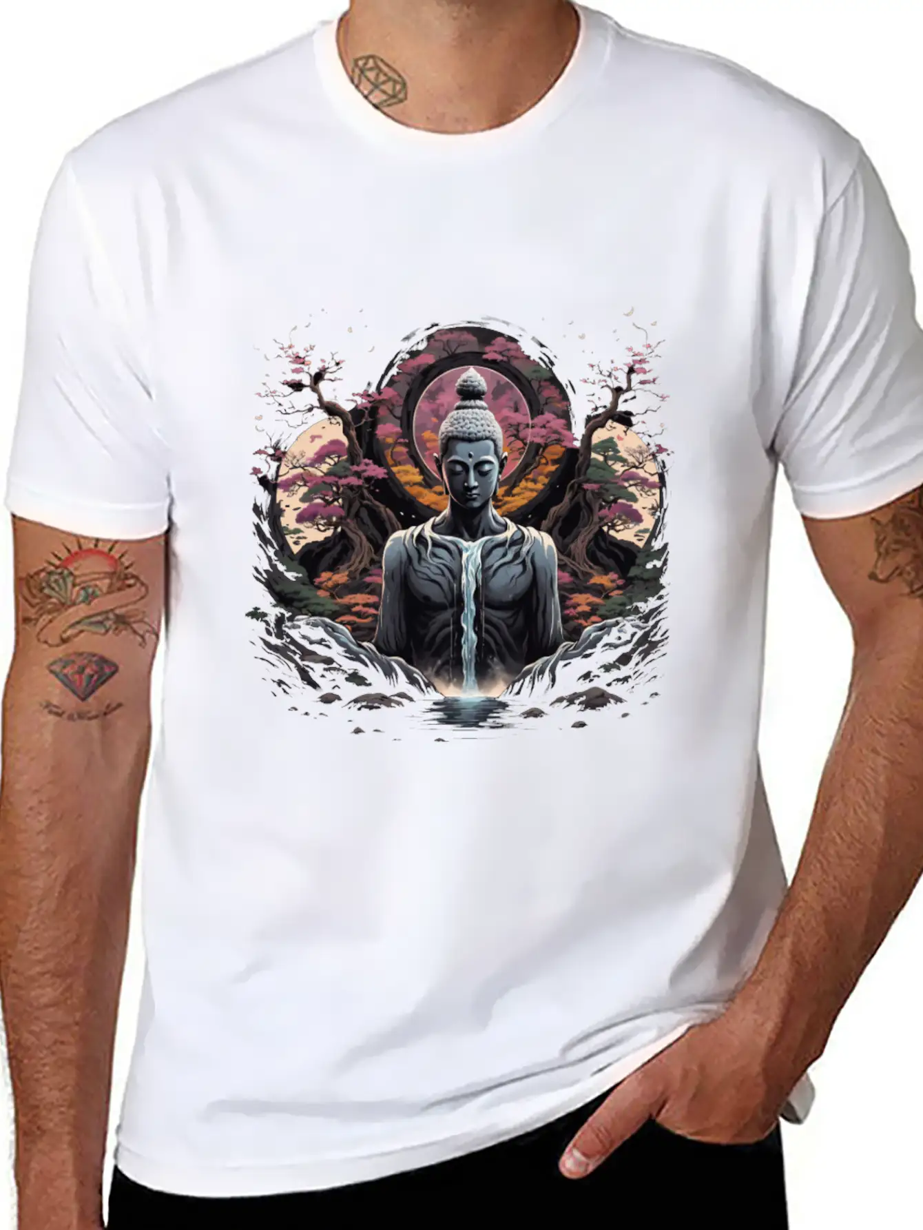 Buddha's Serenity: Cherry Blossom Waterfall Classic Cotton Tee – Unisex Comfort For Any Season
