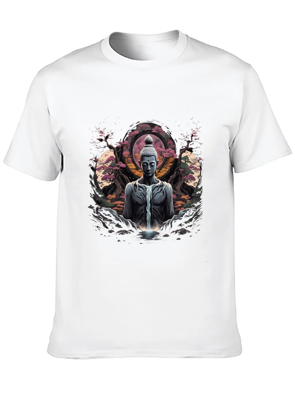 Buddha's Serenity: Cherry Blossom Waterfall Classic Cotton Tee – Unisex Comfort For Any Season
