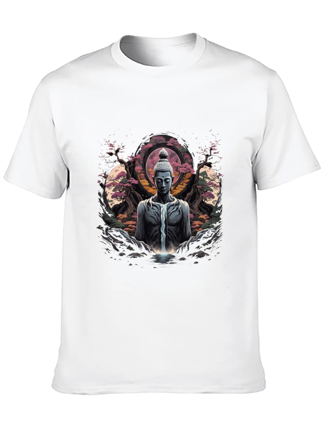 Buddha's Serenity: Cherry Blossom Waterfall Classic Cotton Tee – Unisex Comfort For Any Season