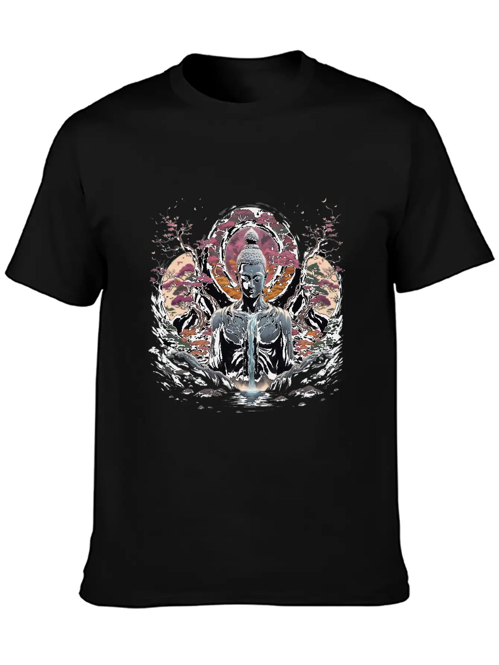 Buddha's Serenity: Cherry Blossom Waterfall Classic Cotton Tee – Unisex Comfort For Any Season