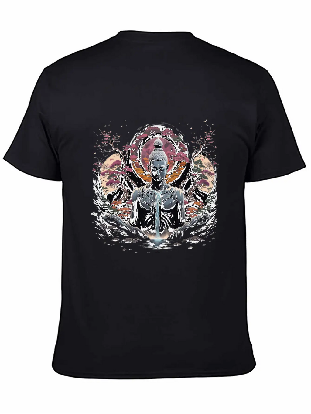 Buddha's Serenity: Cherry Blossom Waterfall Classic Cotton Tee – Unisex Comfort For Any Season