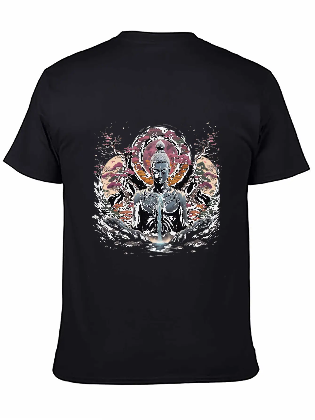 Buddha's Serenity: Cherry Blossom Waterfall Classic Cotton Tee – Unisex Comfort For Any Season