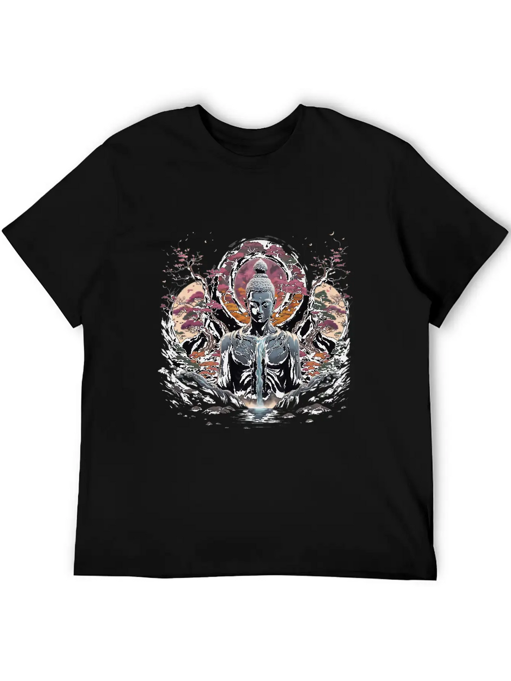 Buddha's Serenity: Cherry Blossom Waterfall Classic Cotton Tee – Unisex Comfort For Any Season