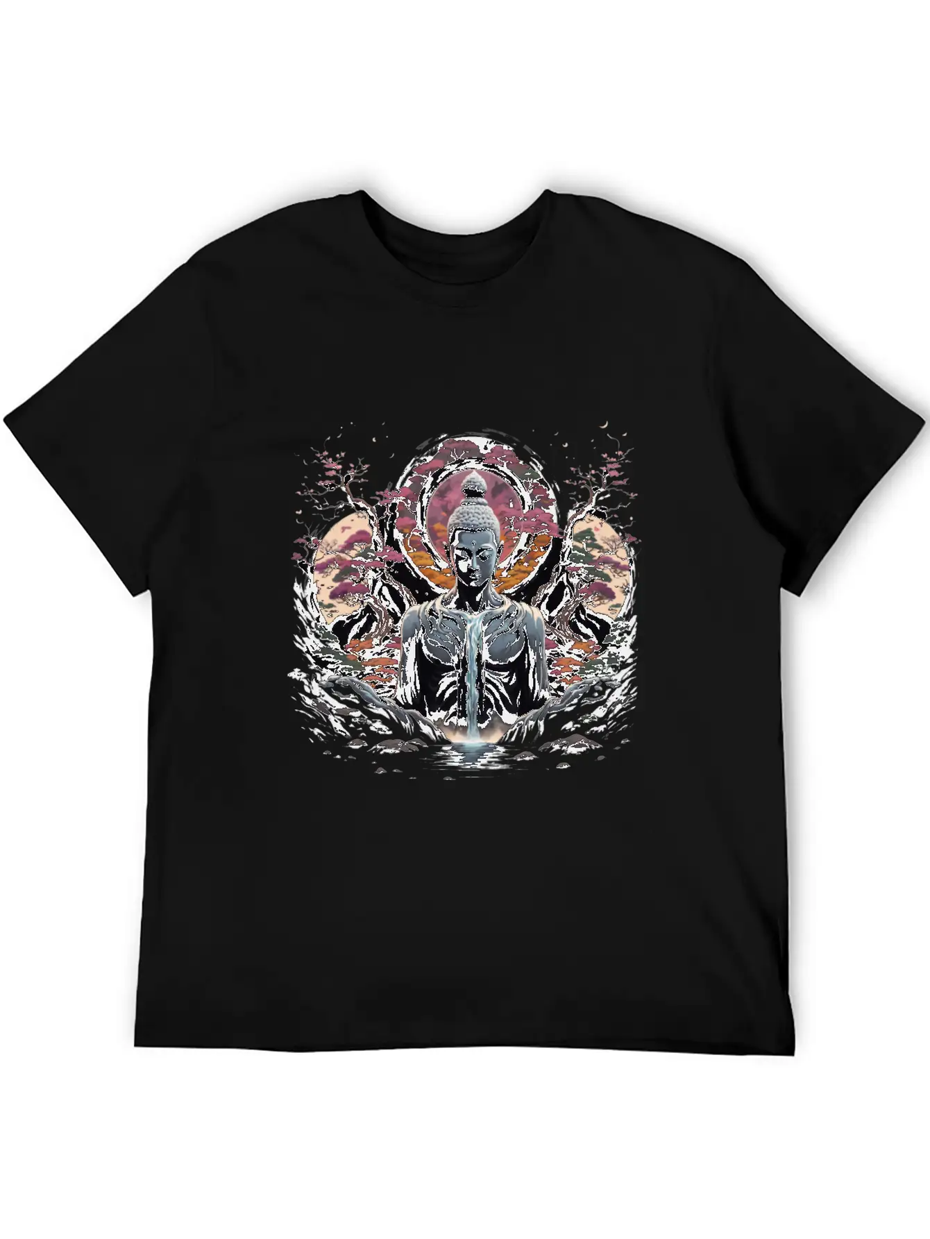 Buddha's Serenity: Cherry Blossom Waterfall Classic Cotton Tee – Unisex Comfort For Any Season