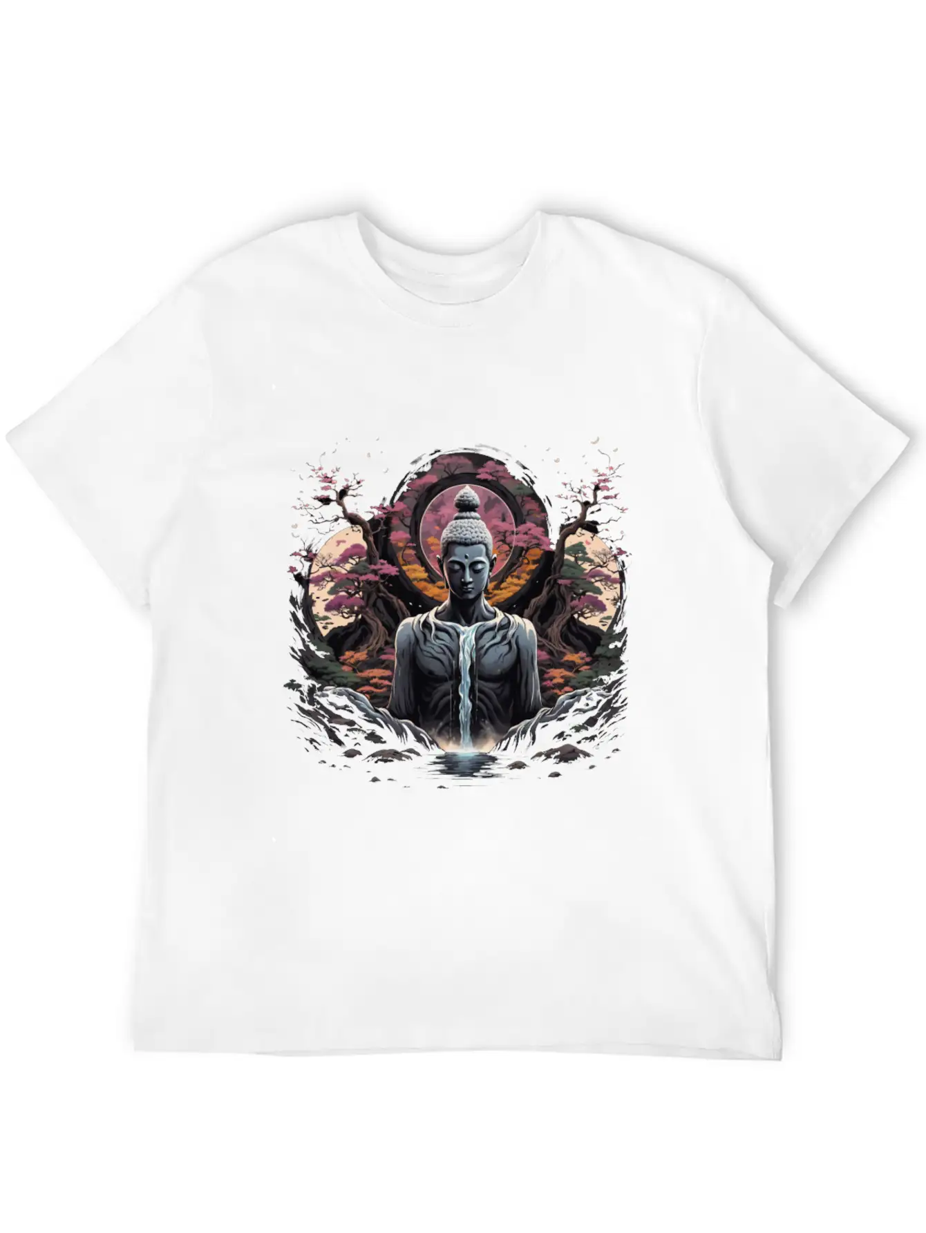 Buddha's Serenity: Cherry Blossom Waterfall Classic Cotton Tee – Unisex Comfort For Any Season