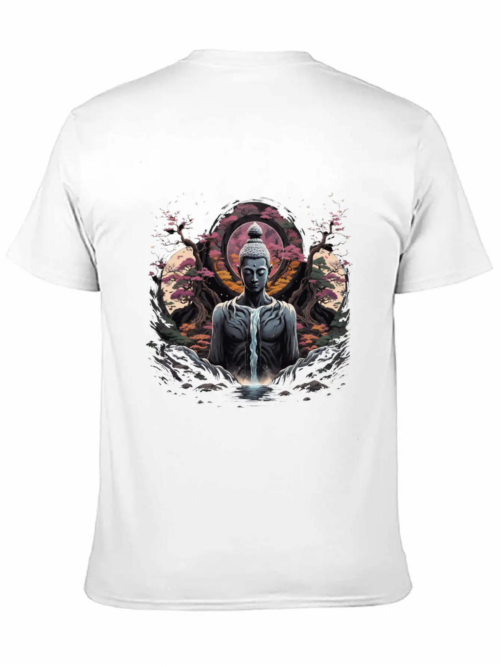 Buddha's Serenity: Cherry Blossom Waterfall Classic Cotton Tee – Unisex Comfort For Any Season