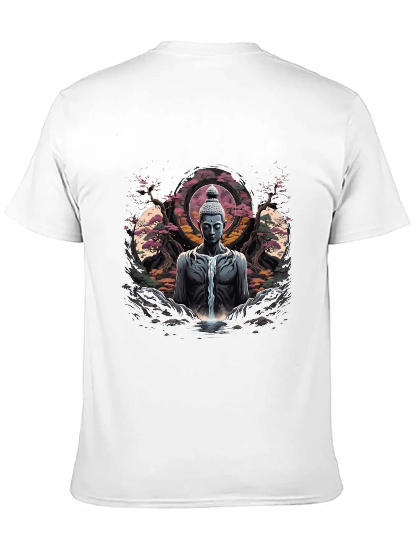 Buddha's Serenity: Cherry Blossom Waterfall Classic Cotton Tee – Unisex Comfort For Any Season