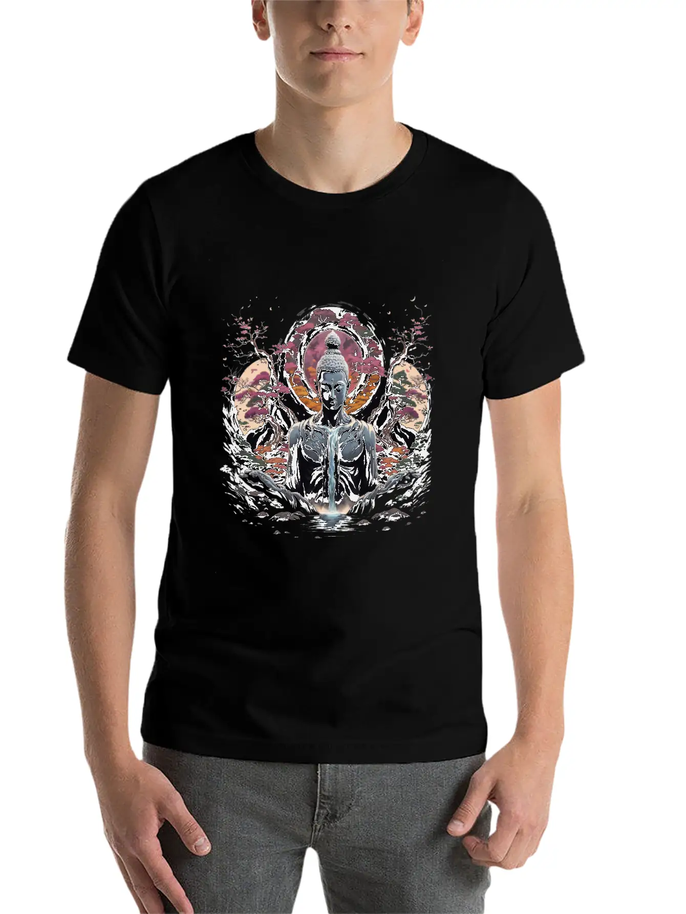 Buddha's Serenity: Cherry Blossom Waterfall Classic Cotton Tee – Unisex Comfort For Any Season