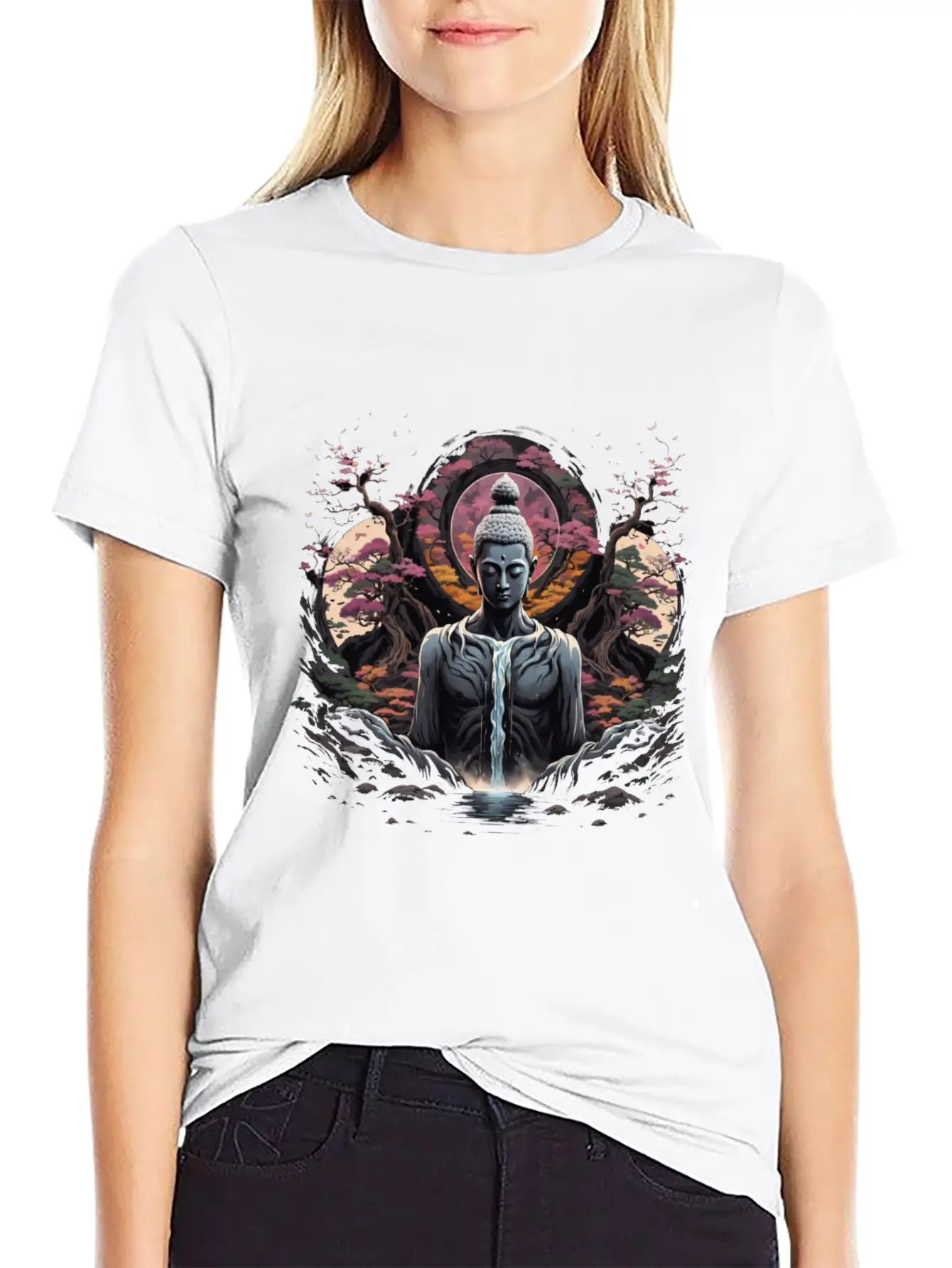 Buddha's Serenity: Cherry Blossom Waterfall Classic Cotton Tee – Unisex Comfort For Any Season
