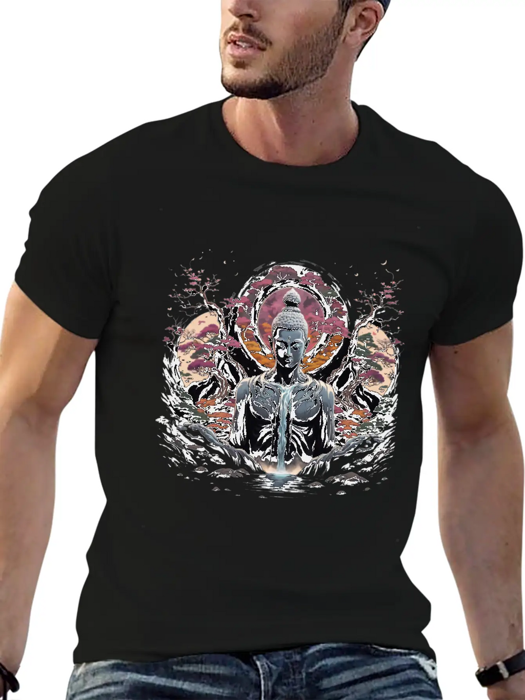 Buddha's Serenity: Cherry Blossom Waterfall Classic Cotton Tee – Unisex Comfort For Any Season