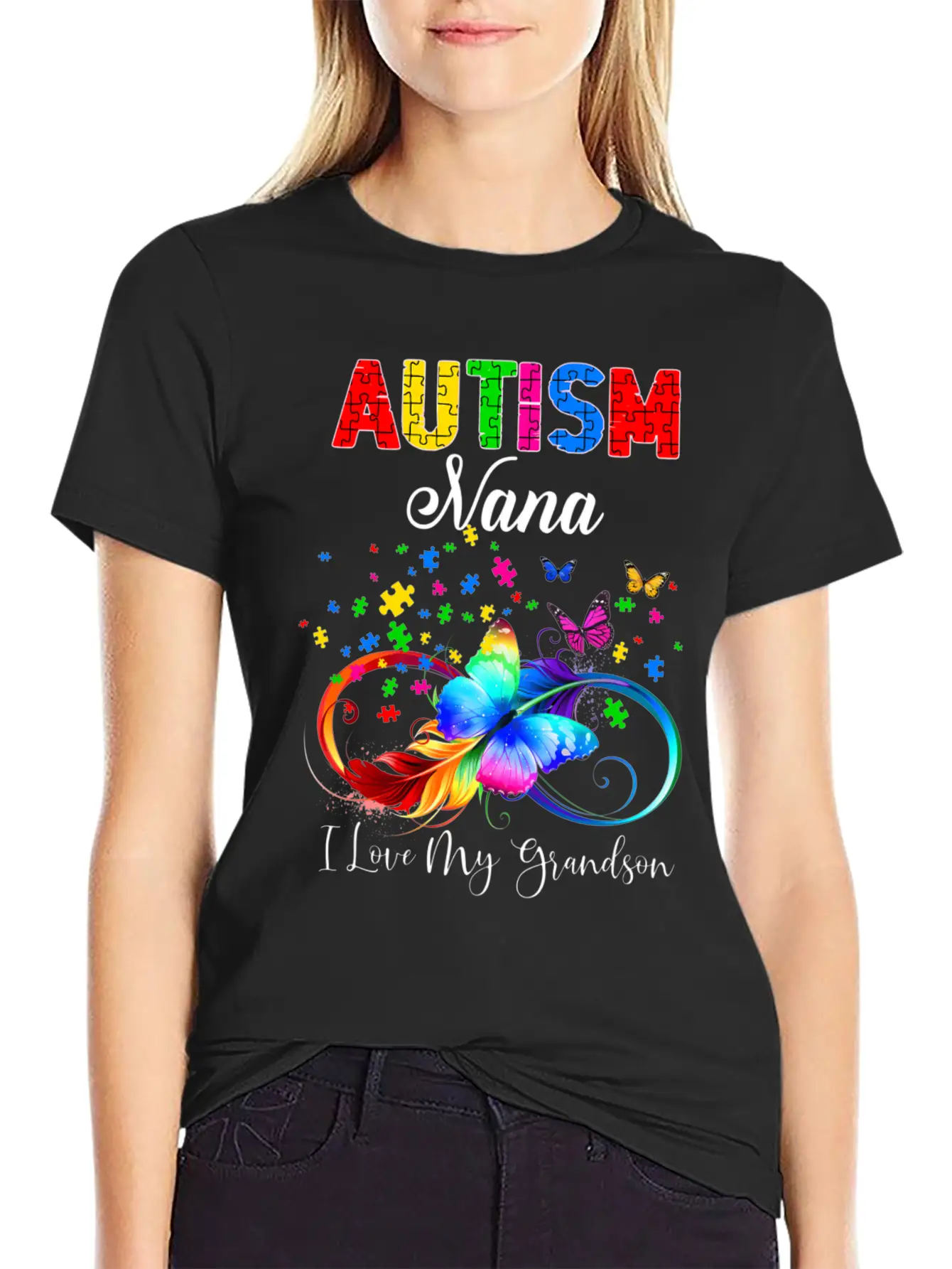 Butterfly Autism Nana I Love My Grandson Support A Relaxed Everyday Tee – Lightweight And Durable Cotton