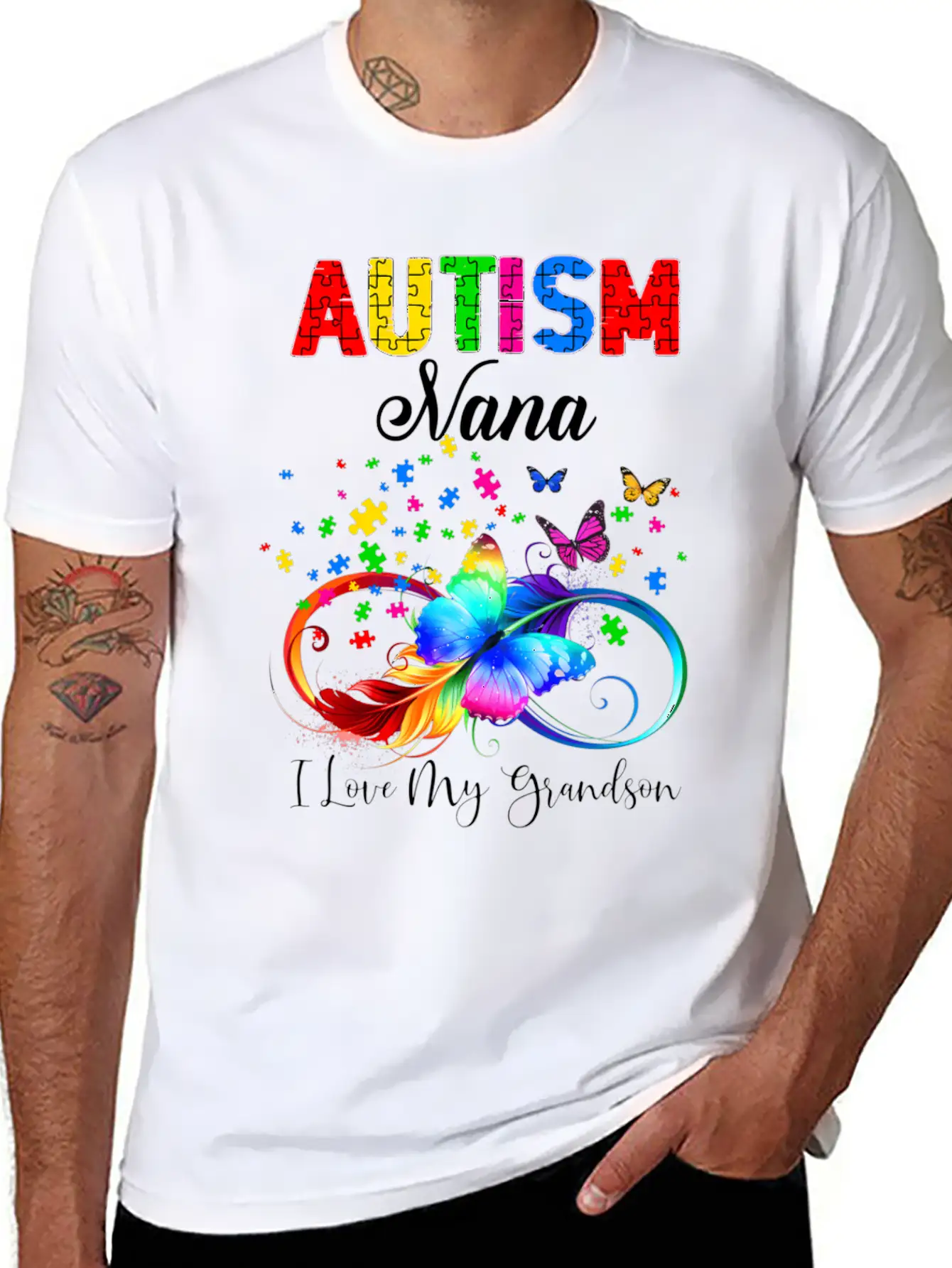 Butterfly Autism Nana I Love My Grandson Support A Relaxed Everyday Tee – Lightweight And Durable Cotton