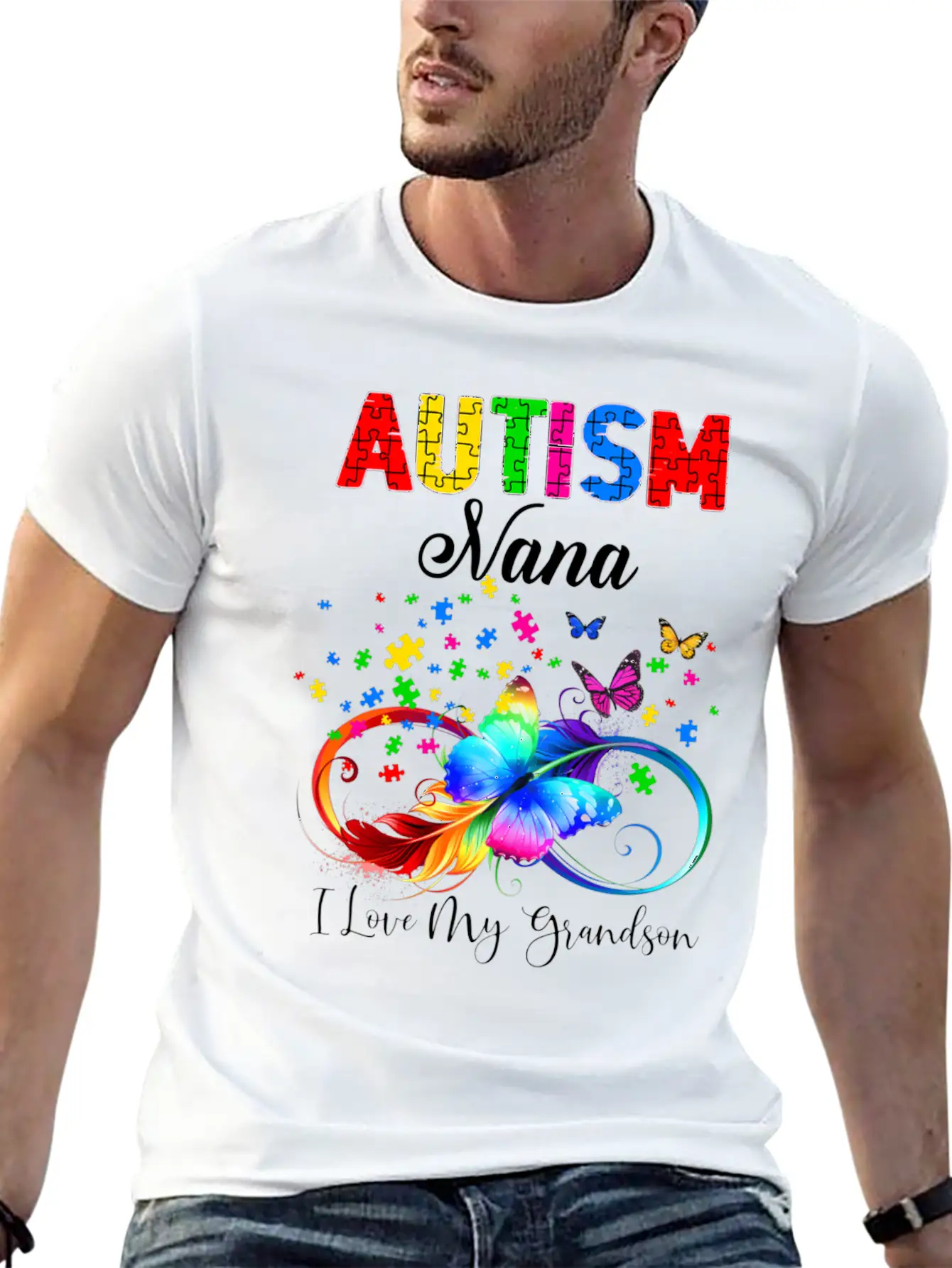 Butterfly Autism Nana I Love My Grandson Support A Relaxed Everyday Tee – Lightweight And Durable Cotton