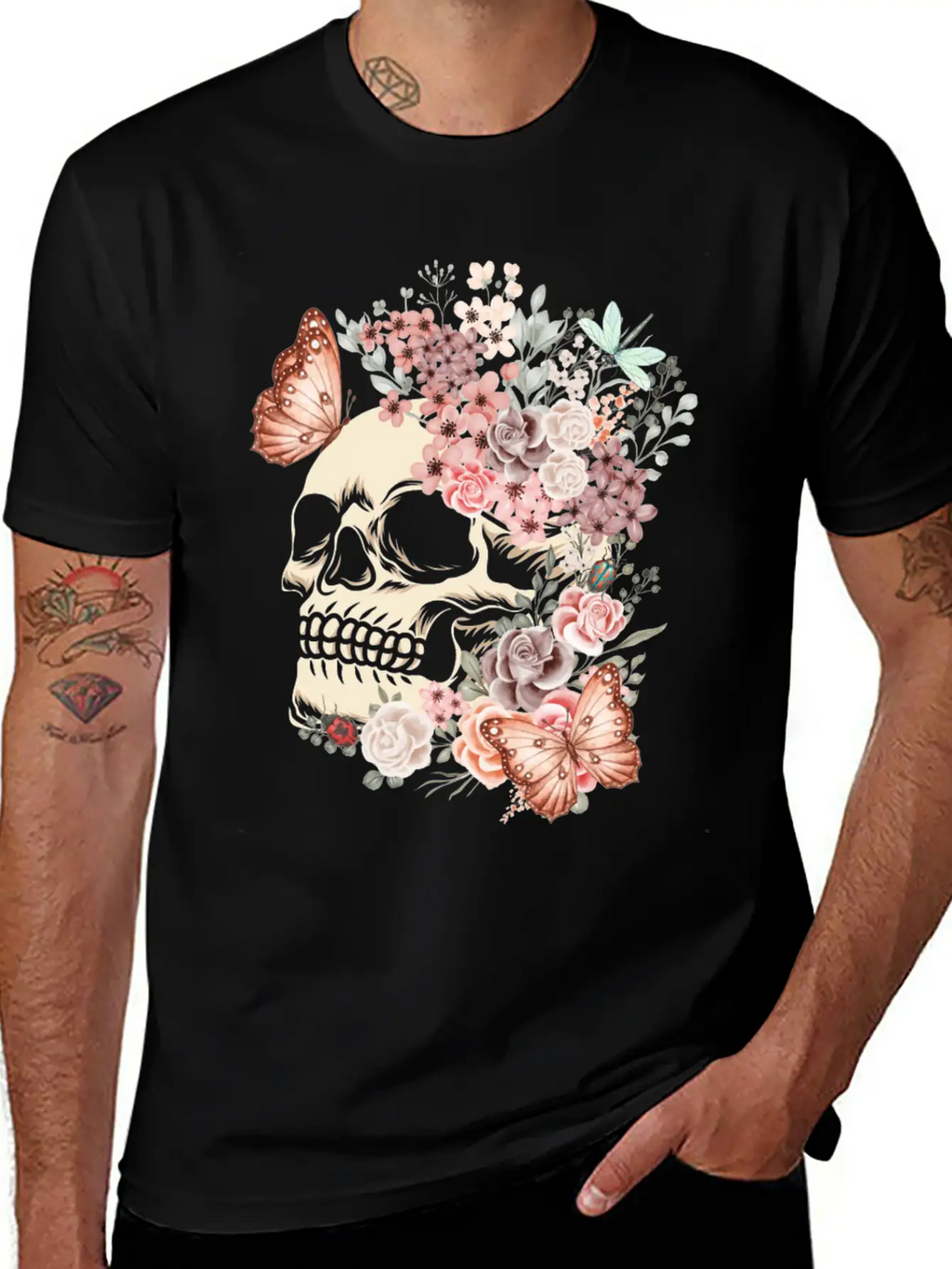 Butterfly Flowers Skull Nature Breathable Graphic T-Shirt – Perfect For Casual Days