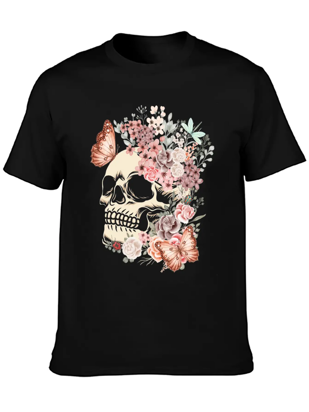 Butterfly Flowers Skull Nature Breathable Graphic T-Shirt – Perfect For Casual Days