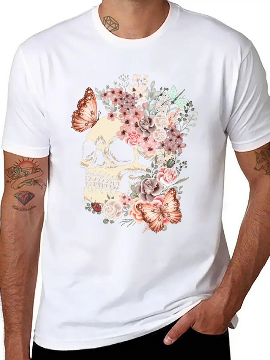 Butterfly Flowers Skull Nature Breathable Graphic T-Shirt – Perfect For Casual Days