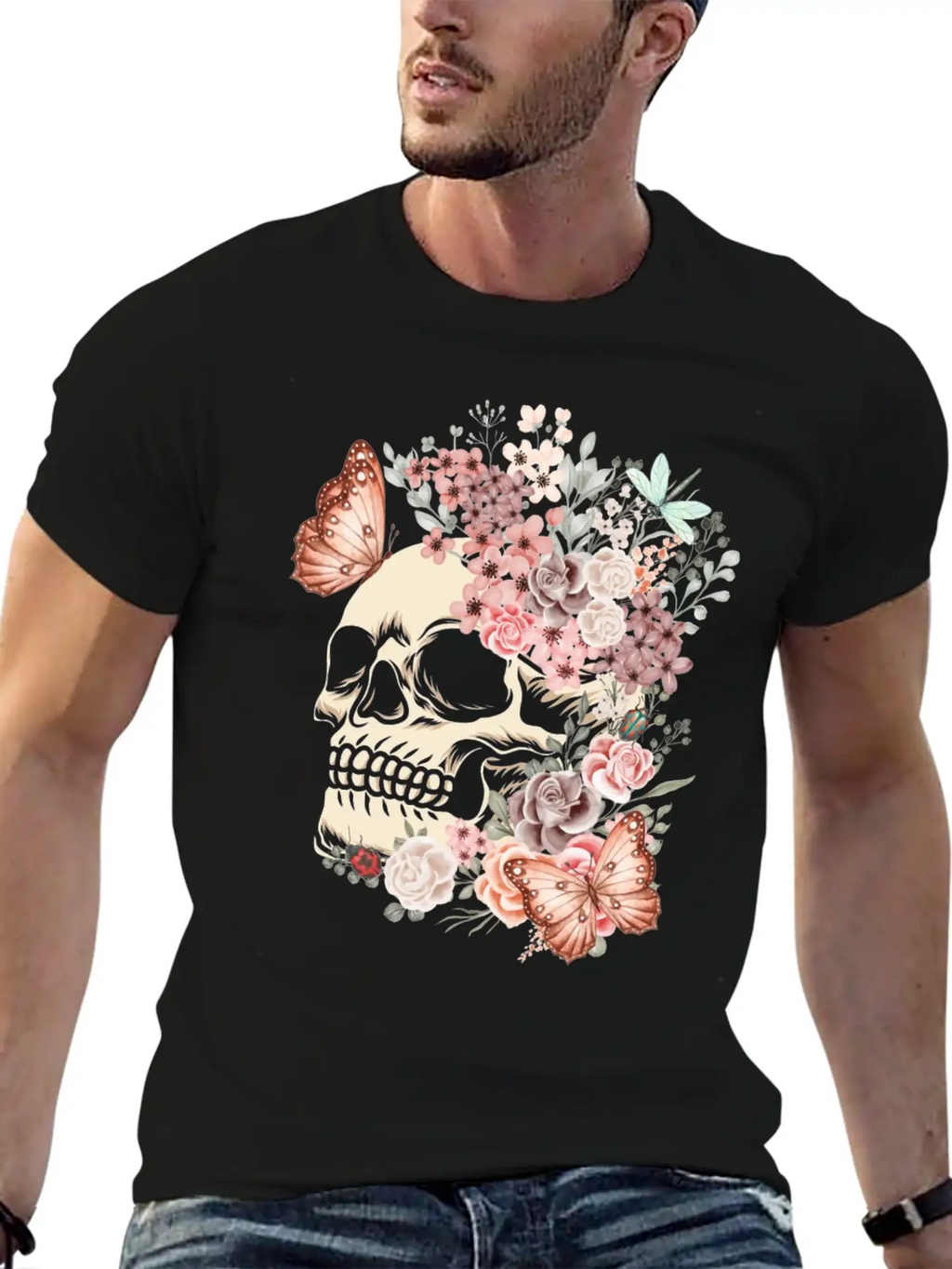 Butterfly Flowers Skull Nature Breathable Graphic T-Shirt – Perfect For Casual Days