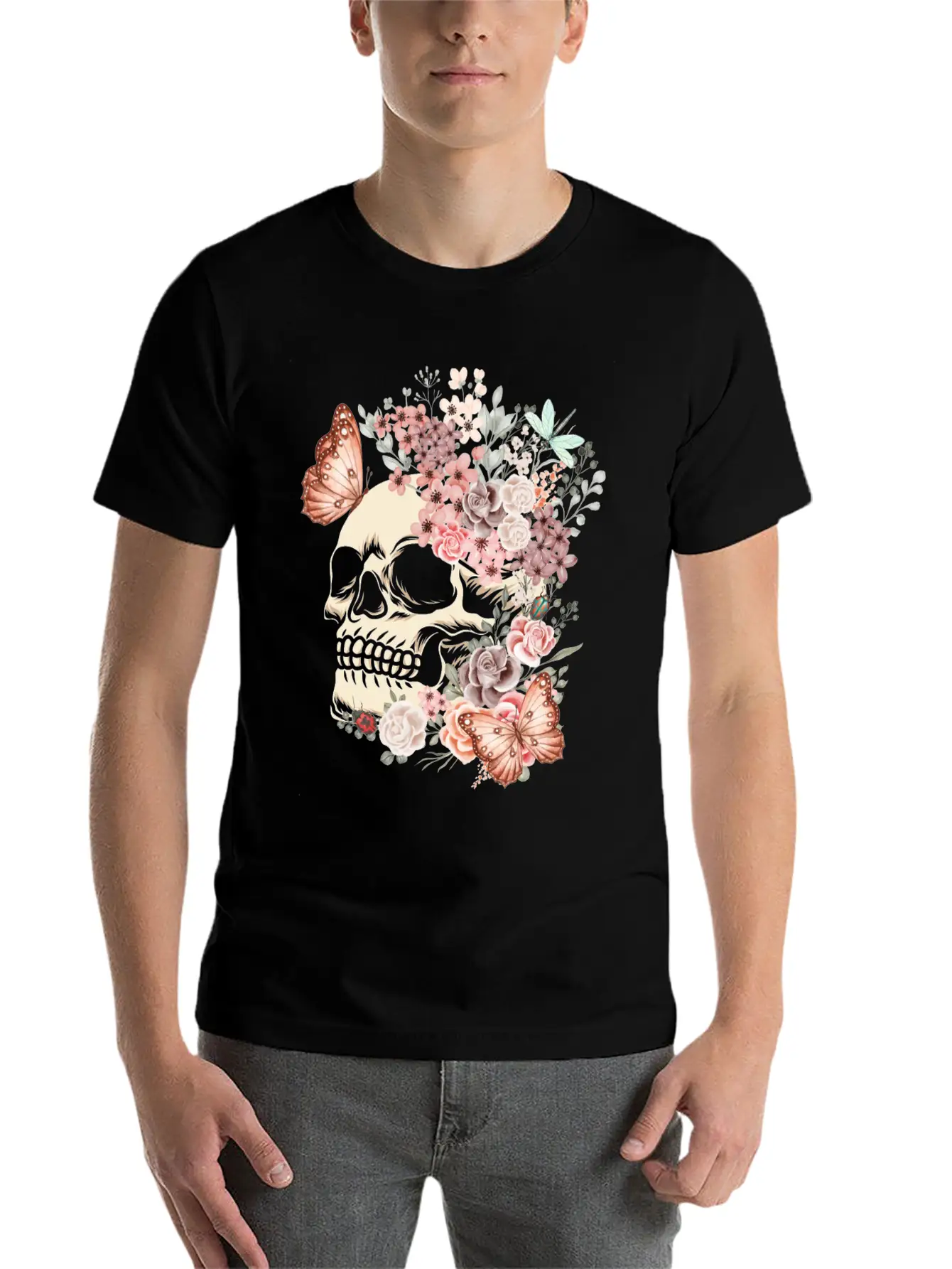 Butterfly Flowers Skull Nature Breathable Graphic T-Shirt – Perfect For Casual Days