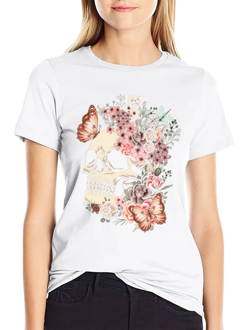 Butterfly Flowers Skull Nature Breathable Graphic T-Shirt – Perfect For Casual Days
