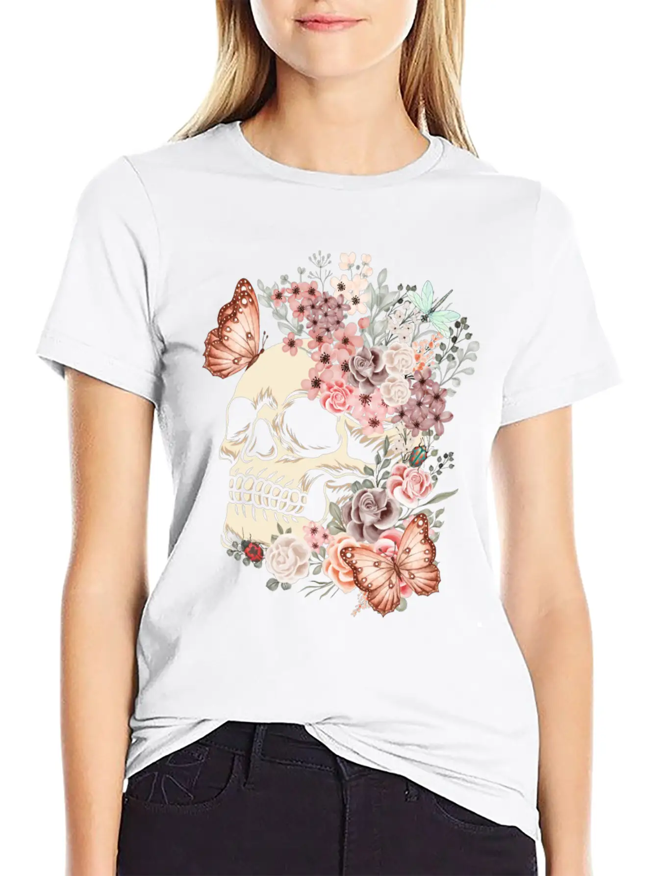 Butterfly Flowers Skull Nature Breathable Graphic T-Shirt – Perfect For Casual Days