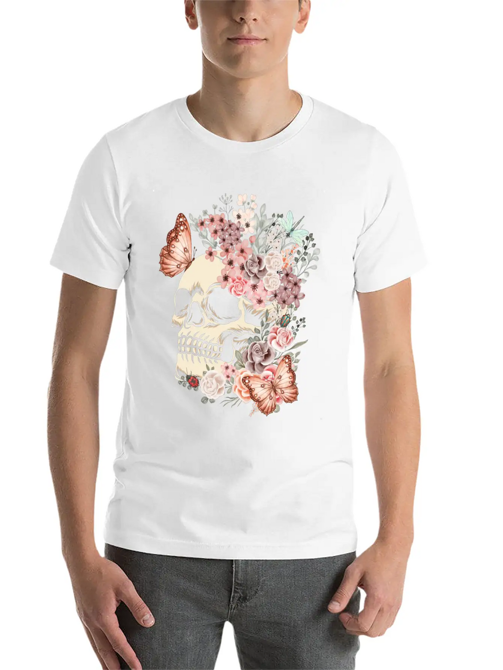 Butterfly Flowers Skull Nature Breathable Graphic T-Shirt – Perfect For Casual Days