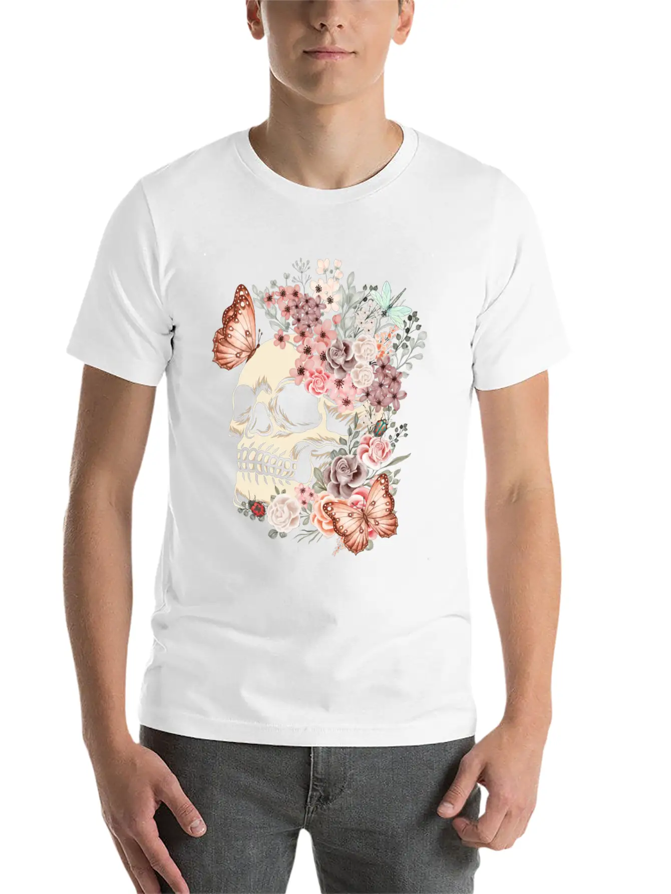 Butterfly Flowers Skull Nature Breathable Graphic T-Shirt – Perfect For Casual Days