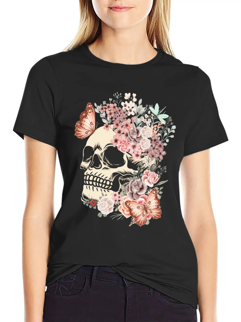 Butterfly Flowers Skull Nature Breathable Graphic T-Shirt – Perfect For Casual Days