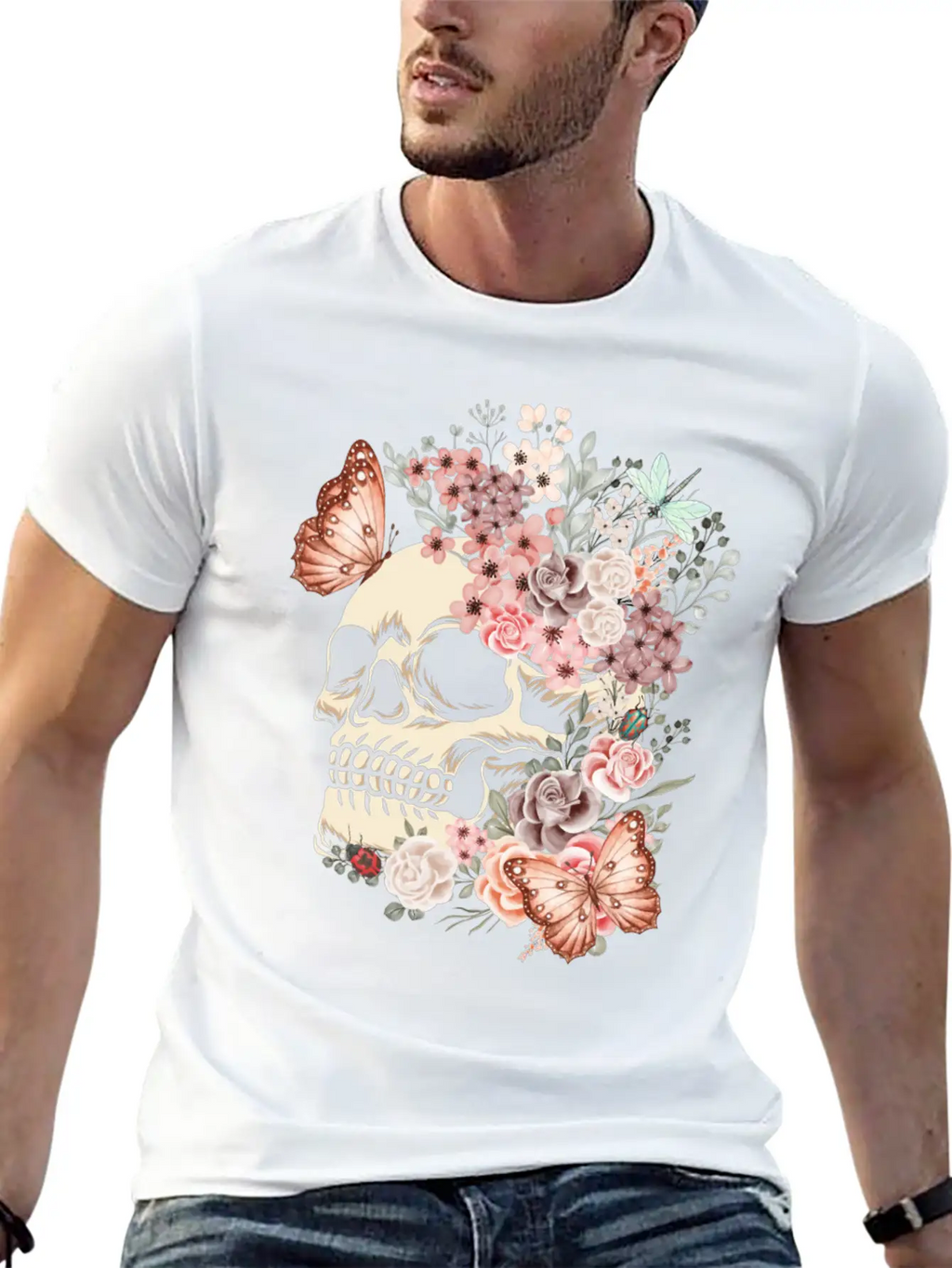 Butterfly Flowers Skull Nature Breathable Graphic T-Shirt – Perfect For Casual Days
