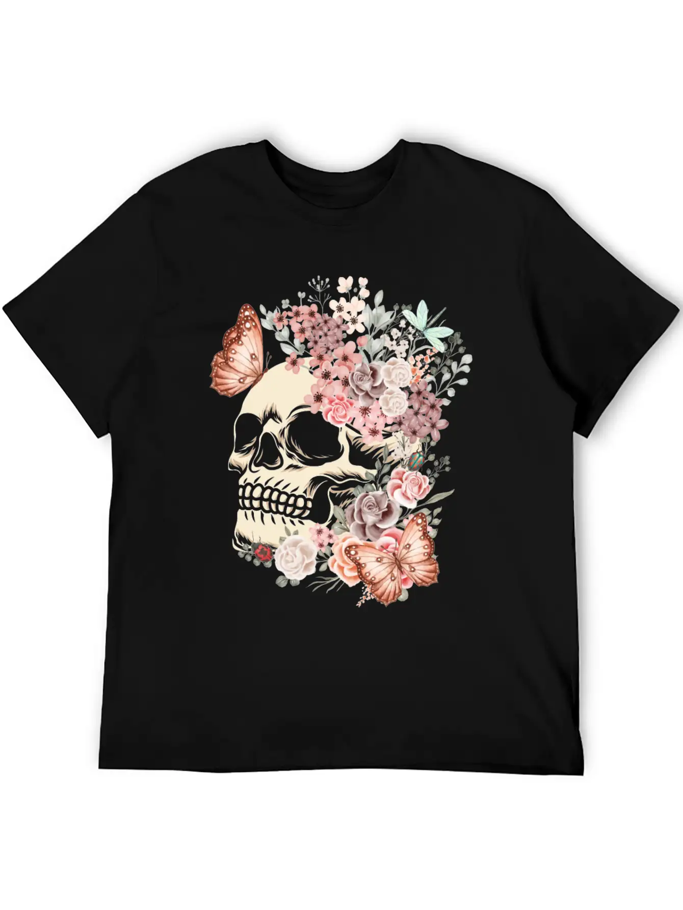 Butterfly Flowers Skull Nature Breathable Graphic T-Shirt – Perfect For Casual Days