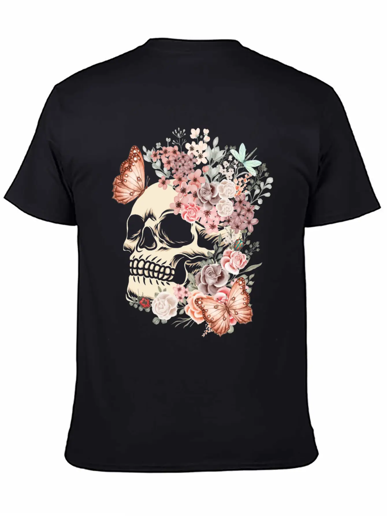 Butterfly Flowers Skull Nature Breathable Graphic T-Shirt – Perfect For Casual Days