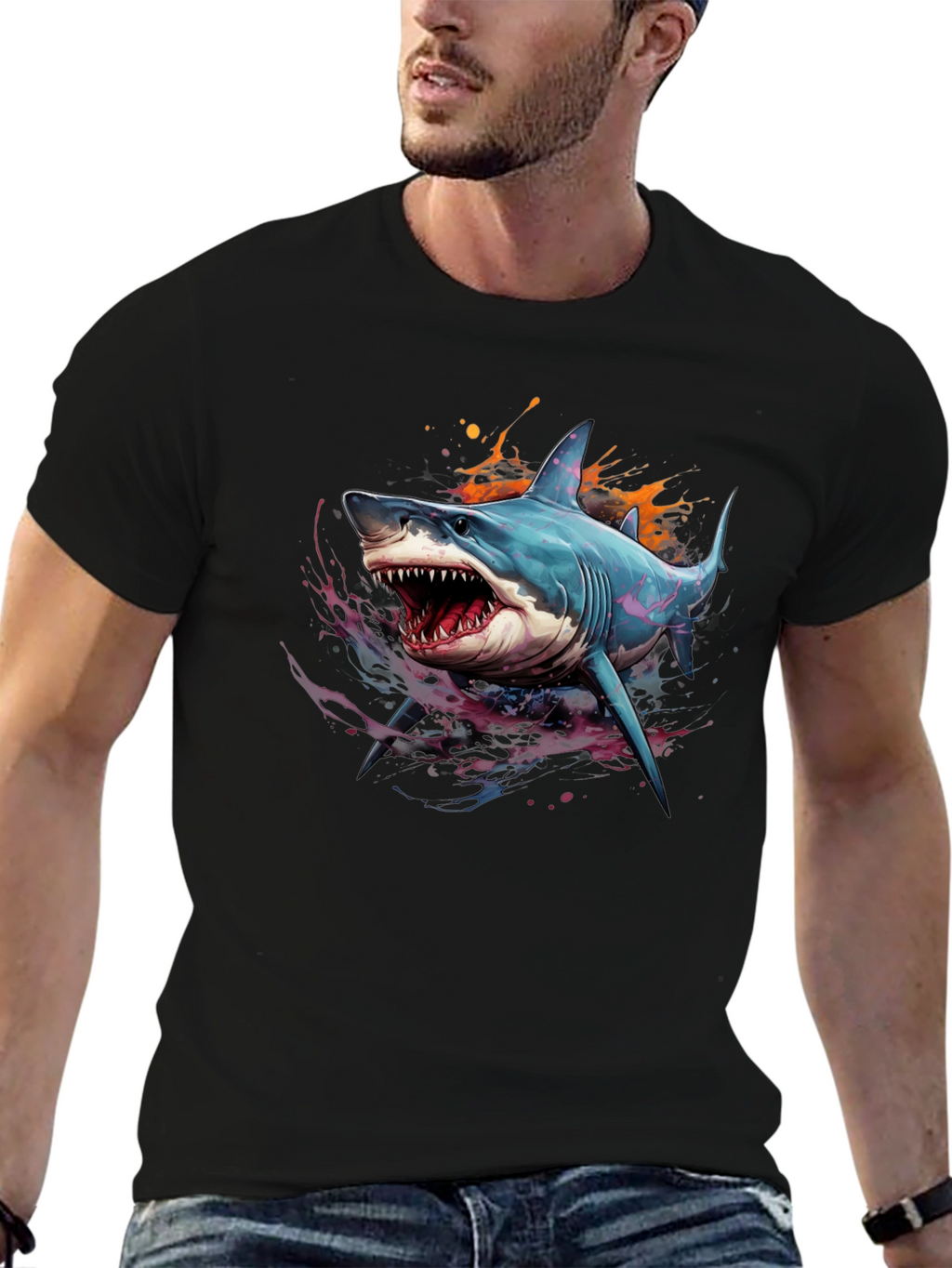Shark Graphic Print Black T-Shirt