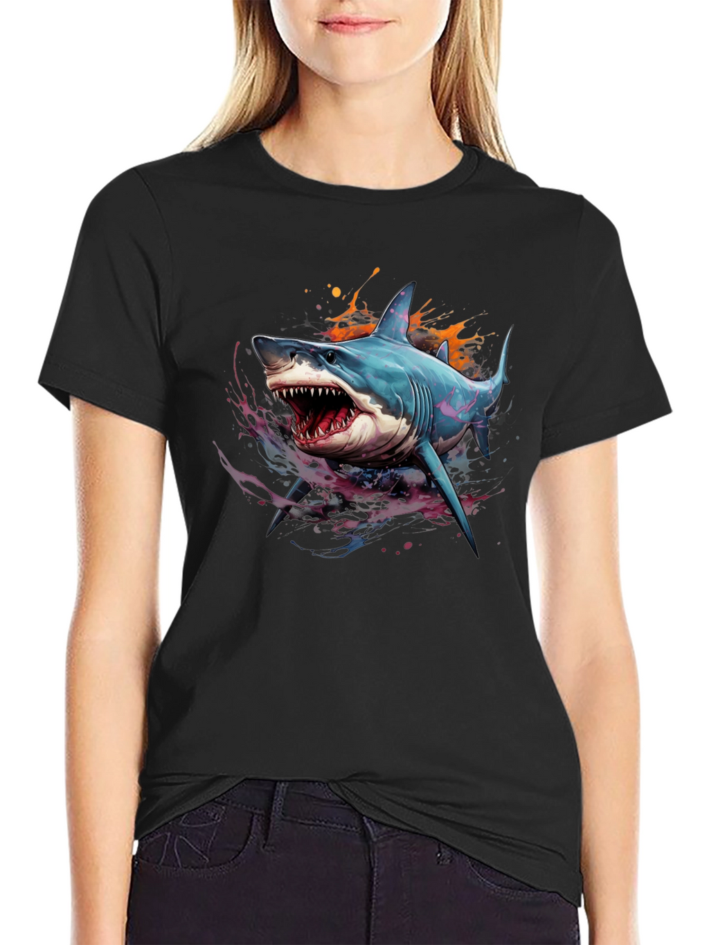 Shark Graphic Print Black T-Shirt