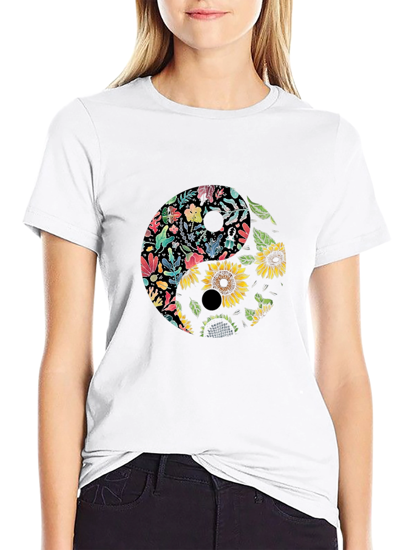 Floral Yin Yang Graphic Tee - Black