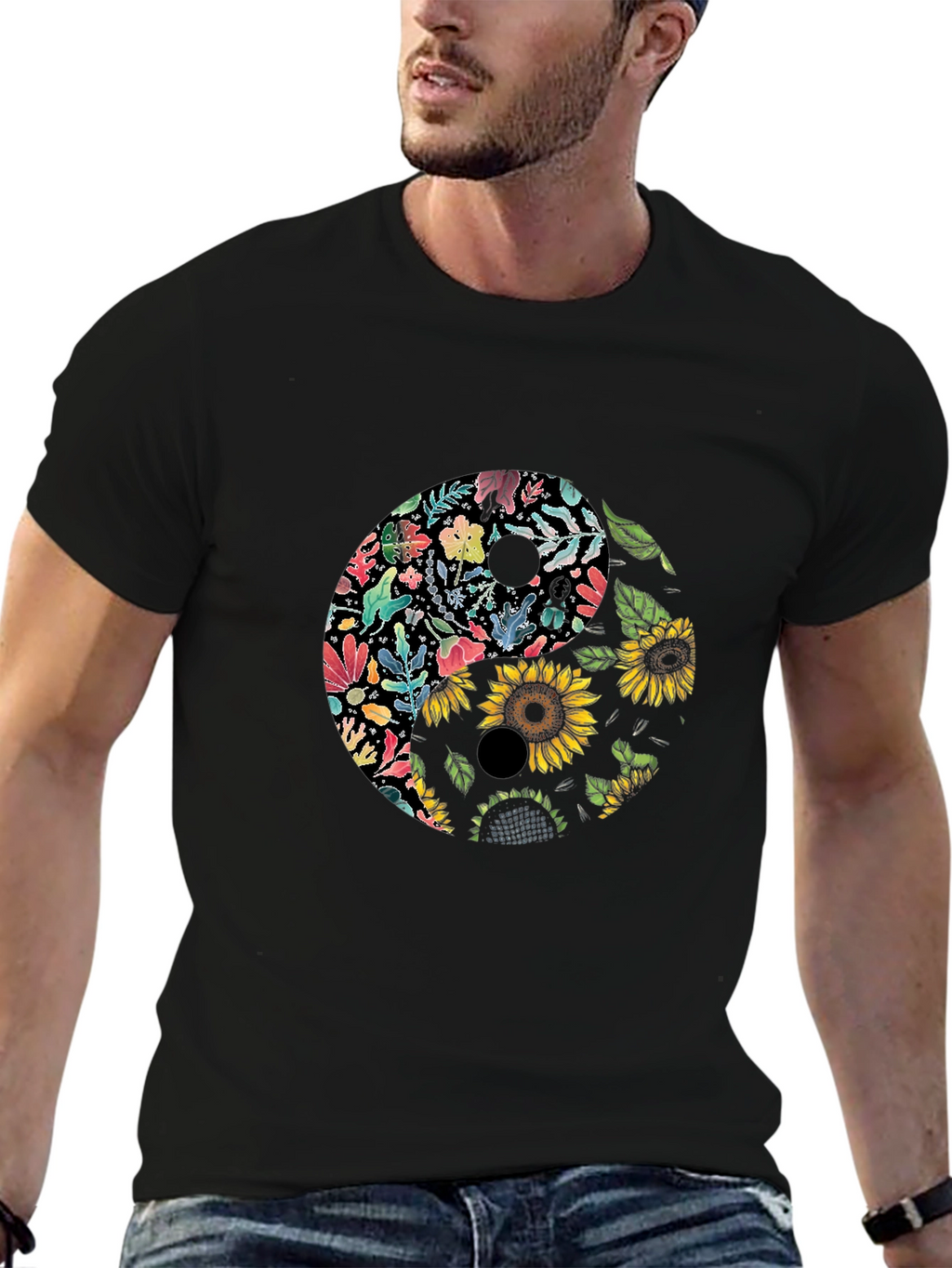 Floral Yin Yang Graphic Tee - Black