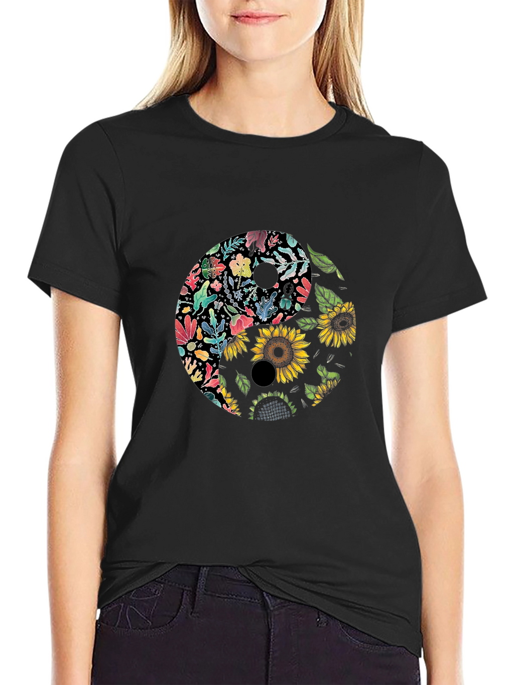 Floral Yin Yang Graphic Tee - Black