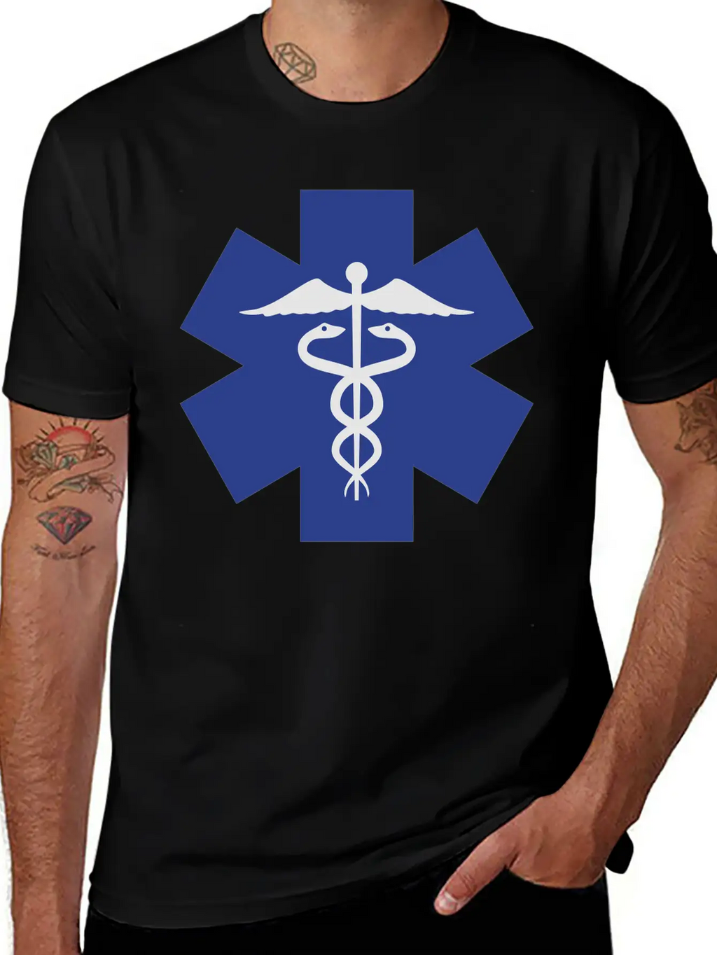 Caduceus On Blue Star Of Life Relaxed Everyday Tee – Lightweight And Durable Cotton