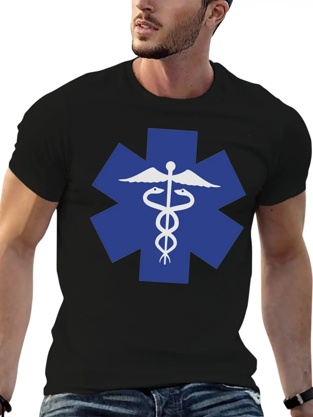 Caduceus On Blue Star Of Life Relaxed Everyday Tee – Lightweight And Durable Cotton
