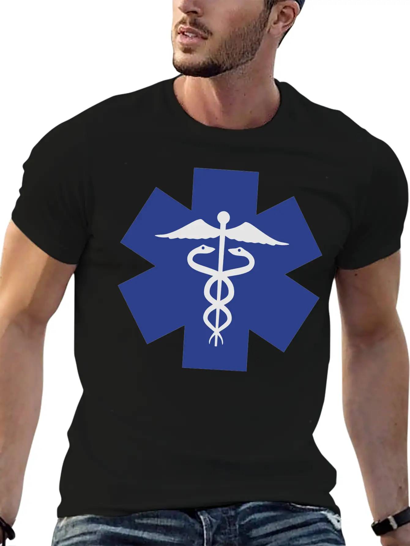 Caduceus On Blue Star Of Life Relaxed Everyday Tee – Lightweight And Durable Cotton