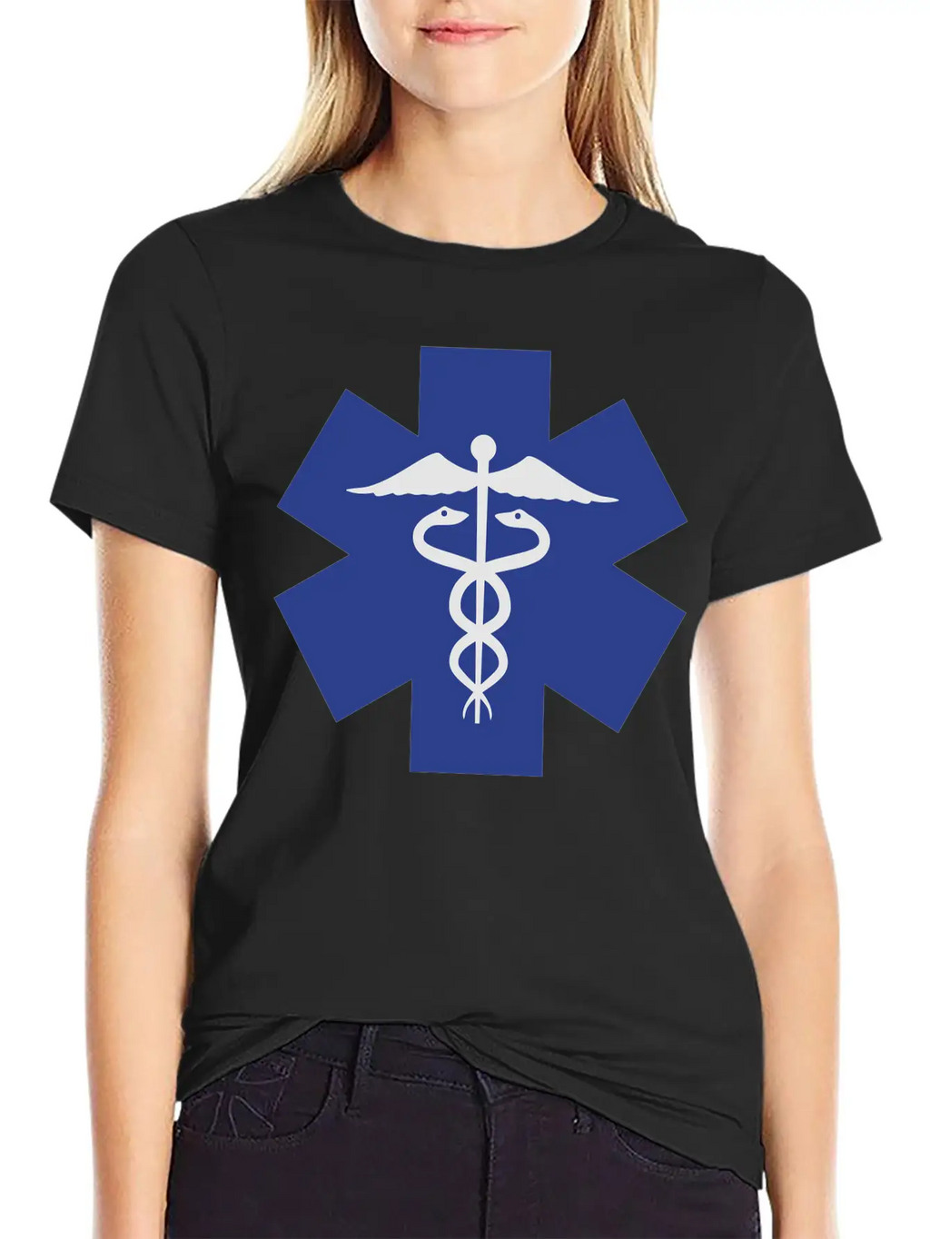 Caduceus On Blue Star Of Life Relaxed Everyday Tee – Lightweight And Durable Cotton