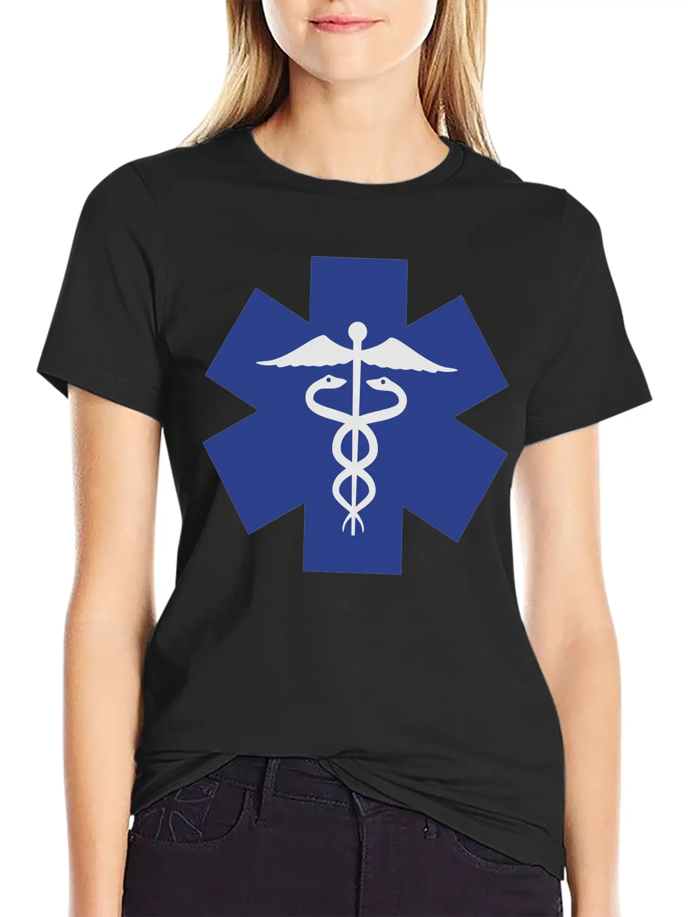Caduceus On Blue Star Of Life Relaxed Everyday Tee – Lightweight And Durable Cotton