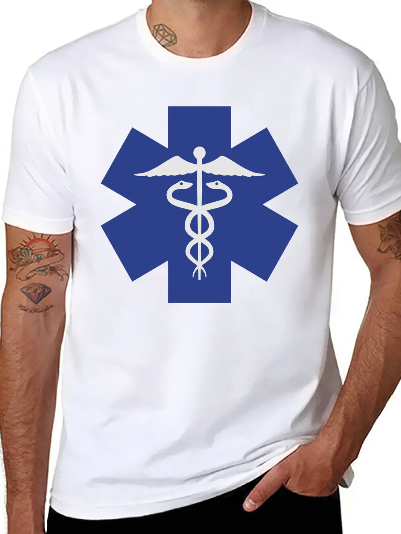 Caduceus On Blue Star Of Life Relaxed Everyday Tee – Lightweight And Durable Cotton