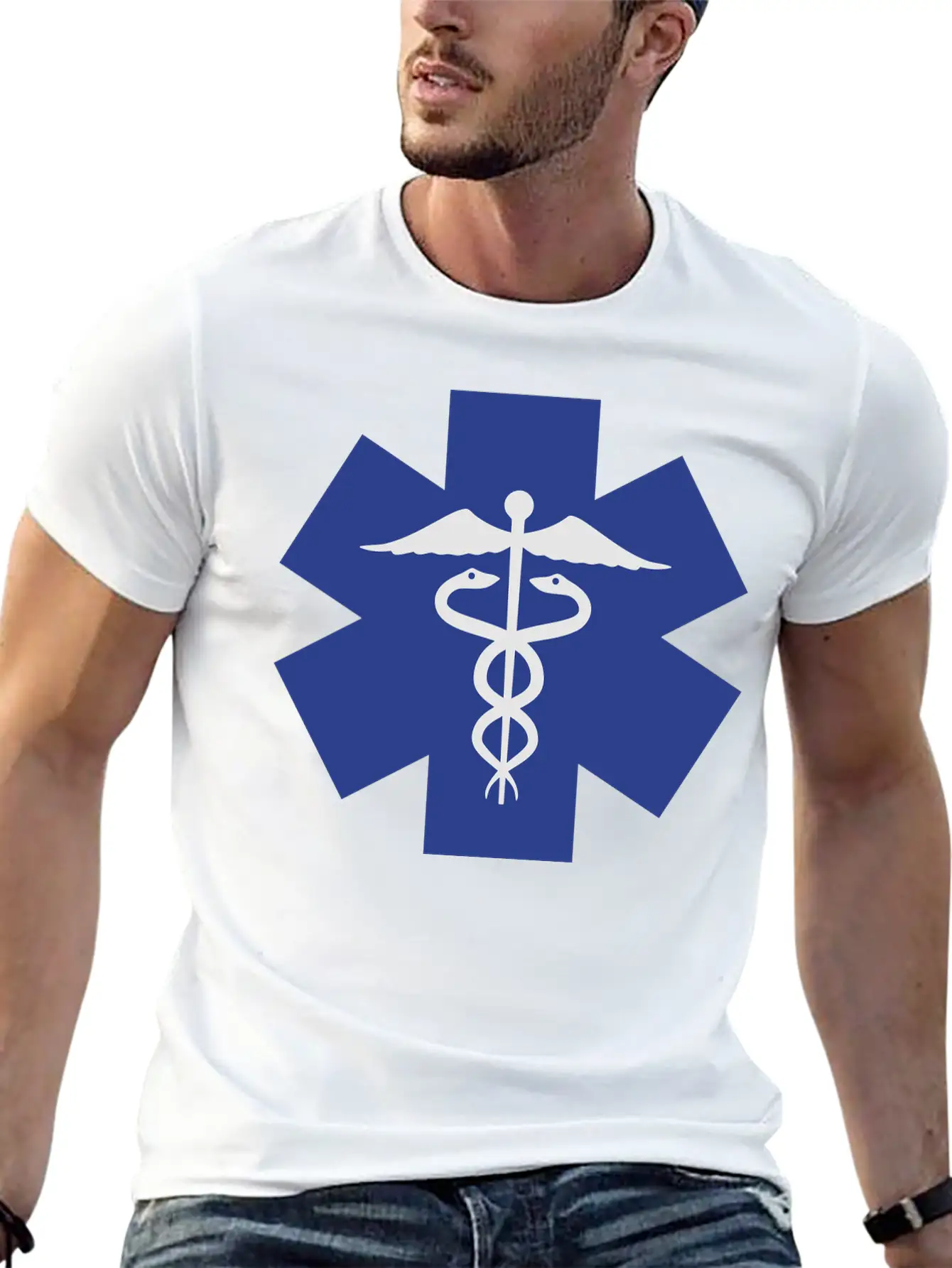 Caduceus On Blue Star Of Life Relaxed Everyday Tee – Lightweight And Durable Cotton