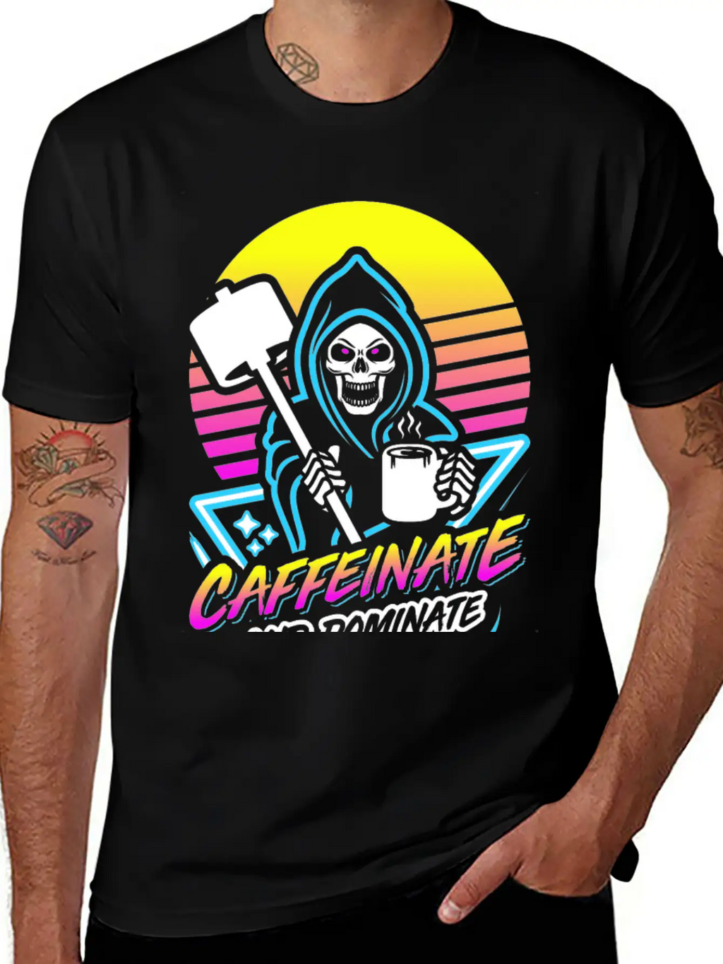 Caffeinate And Dominate (Gym Reaper) Retro Neon Basic Graphic T-Shirt – Daily Comfort In Soft Cotton