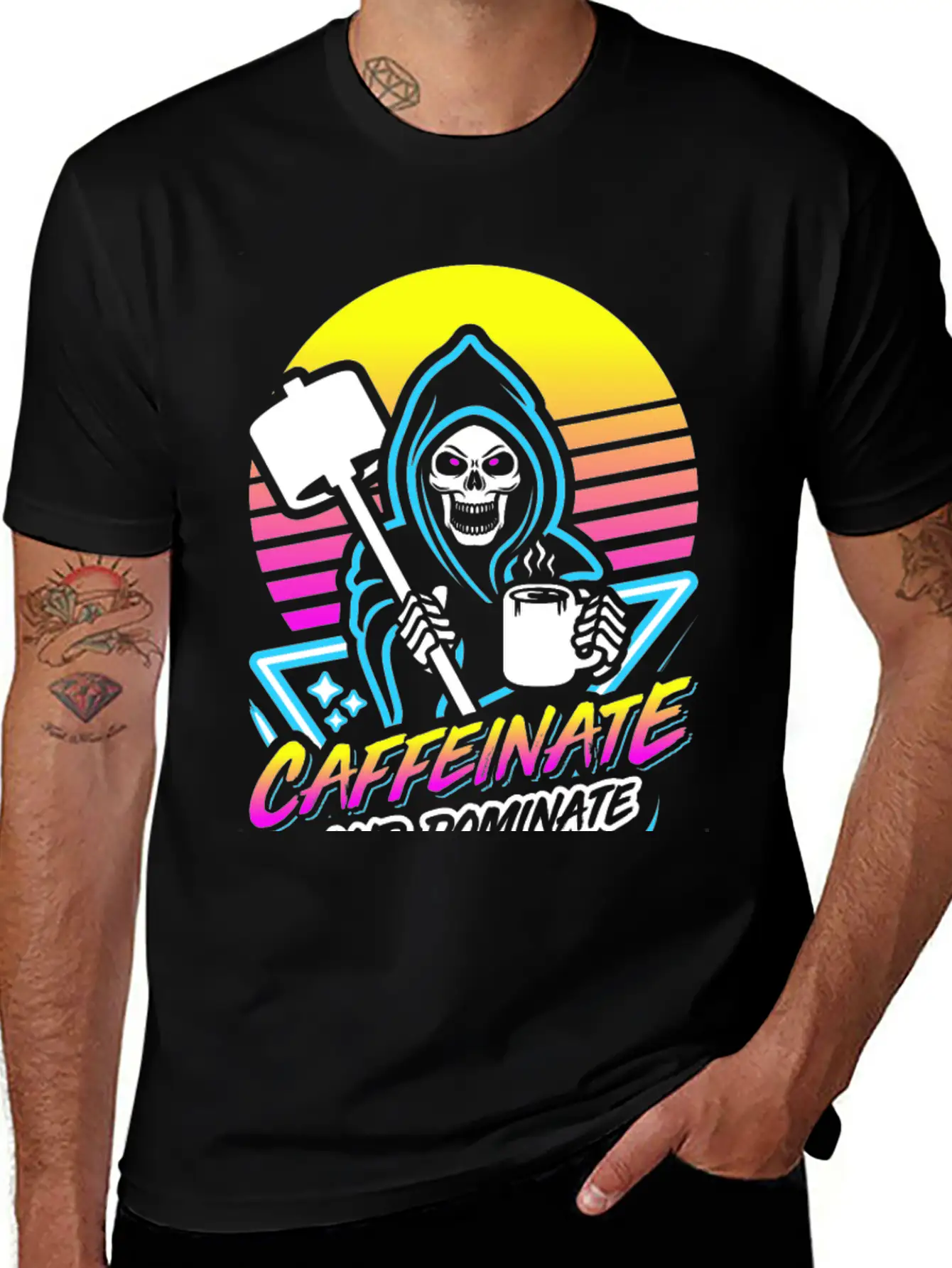 Caffeinate And Dominate (Gym Reaper) Retro Neon Basic Graphic T-Shirt – Daily Comfort In Soft Cotton
